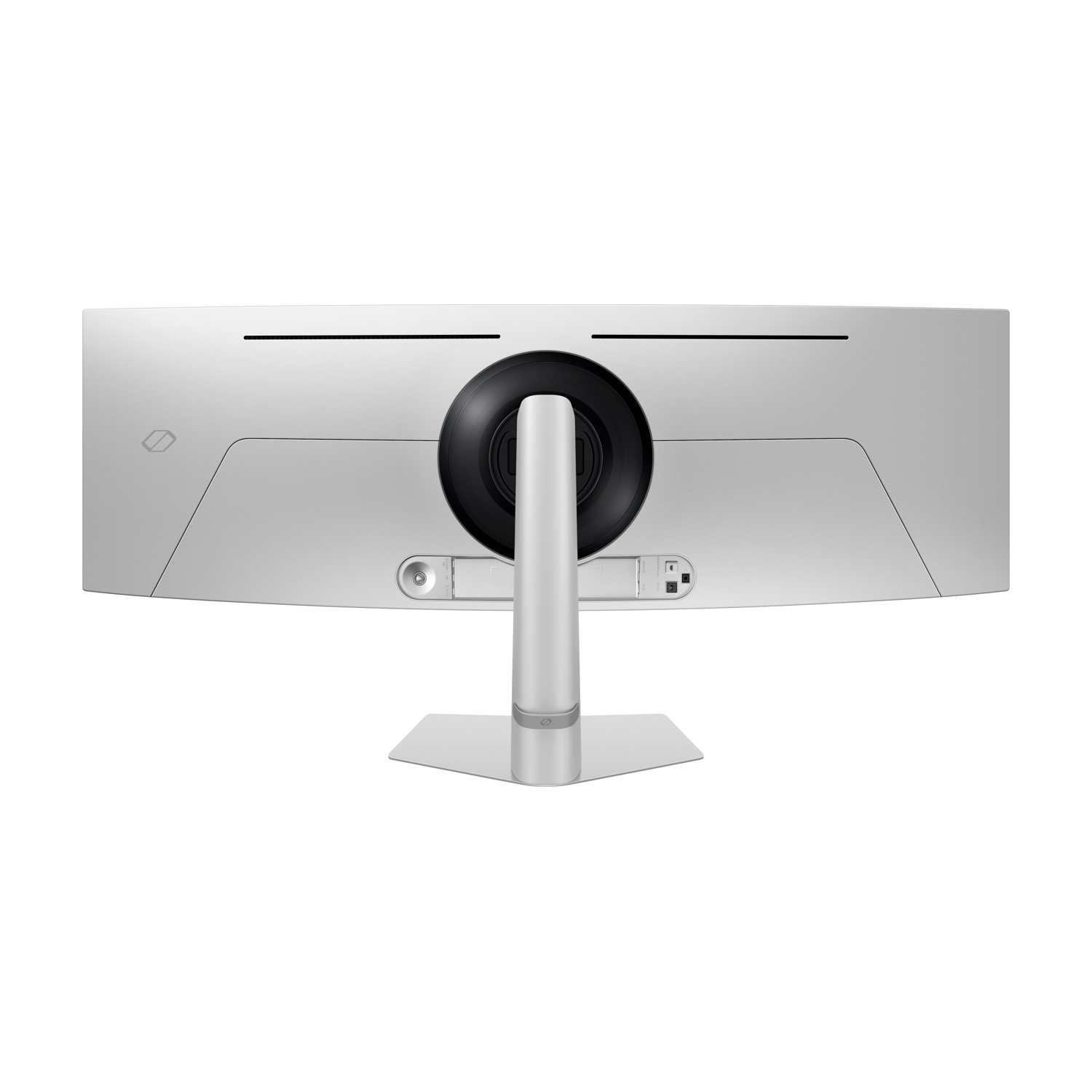 Vista posteriore di un monitor argento, che mostra porte e supporto. Il monitor ha un design curvo.