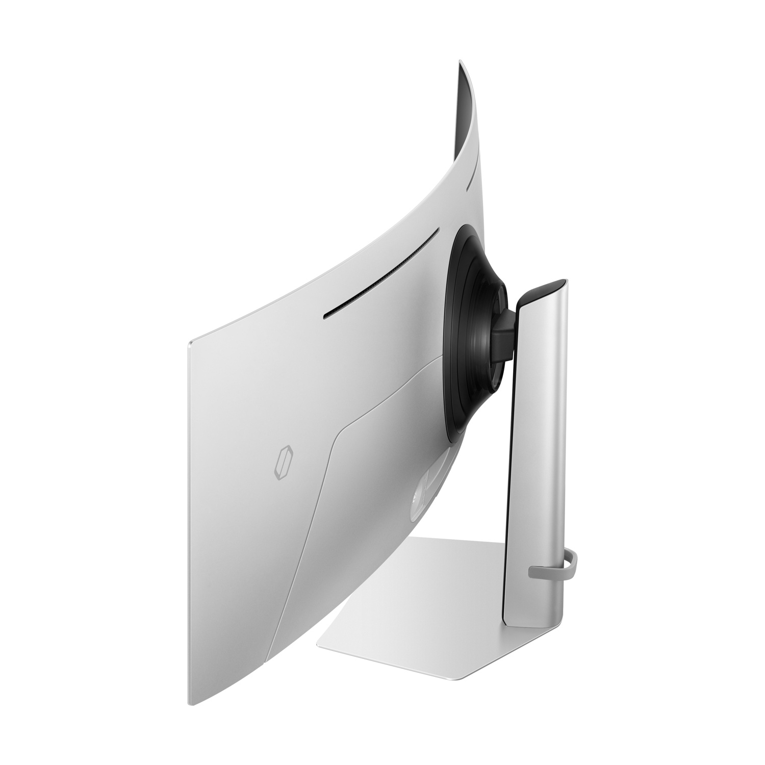 Vista laterale di un monitor curvo argentato. Il monitor è su un supporto, mostrando il suo design curvo.