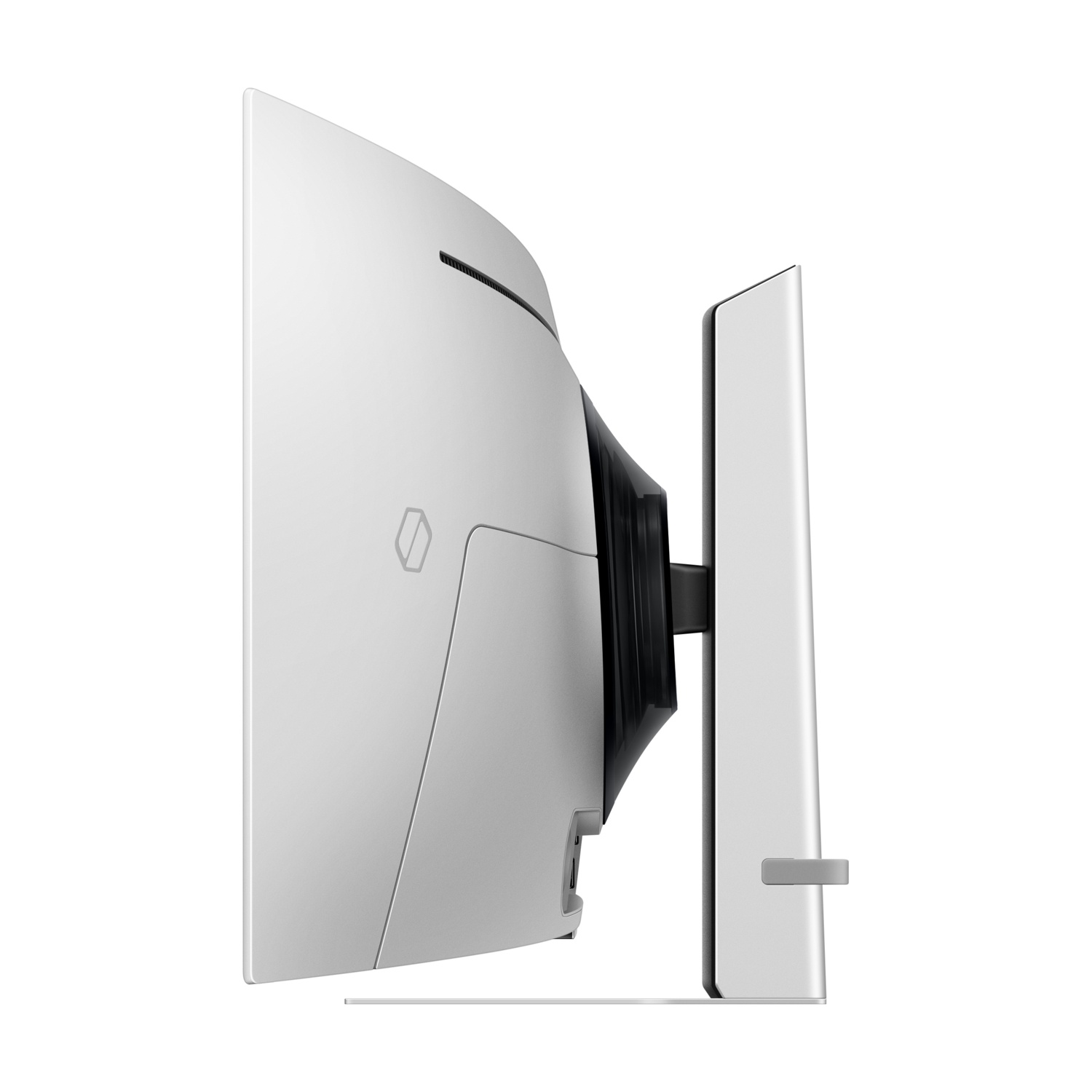 Vista laterale di un monitor curvo bianco. Il monitor è su un supporto con un retro nero.