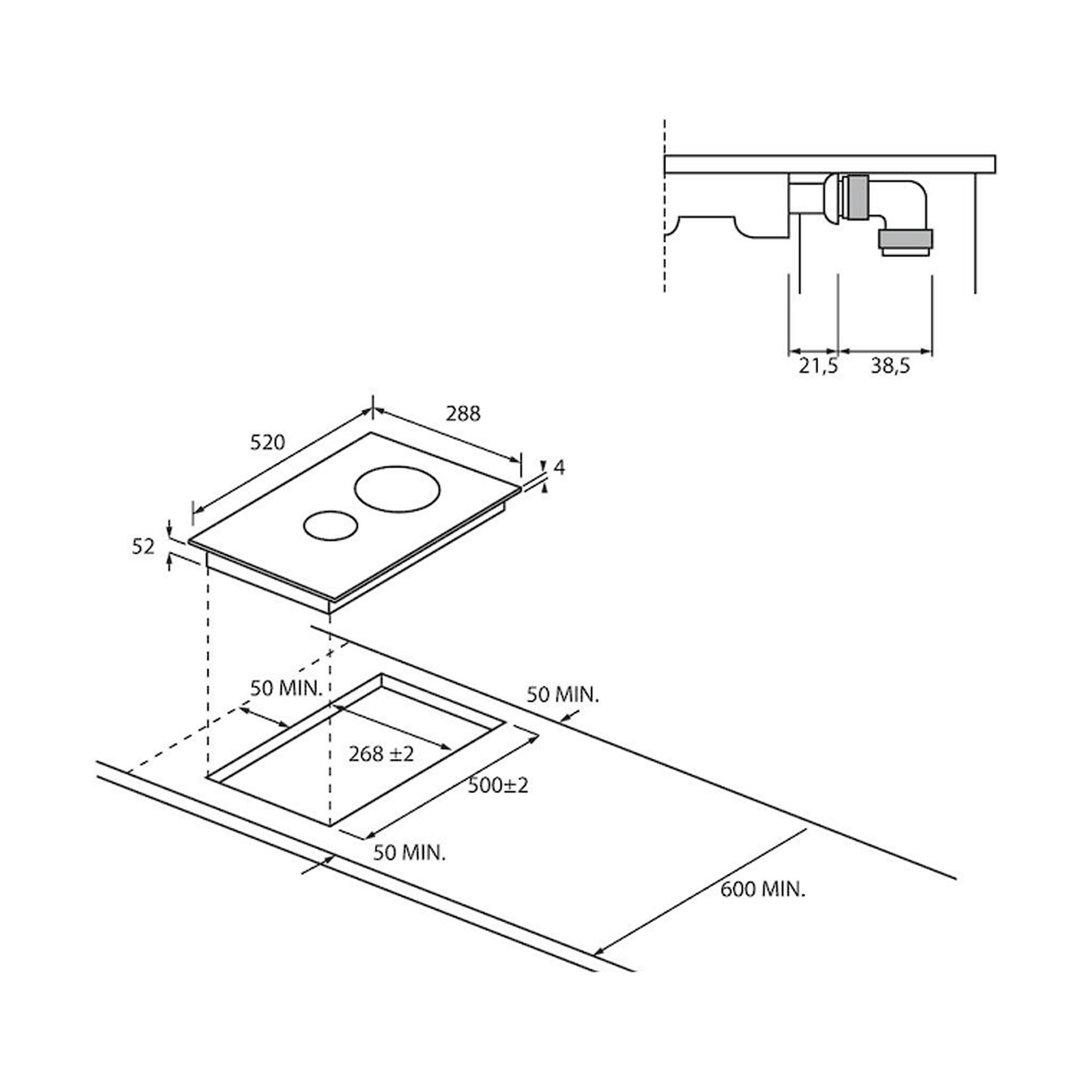 Disegno tecnico di un piano cottura a induzione con dimensioni e specifiche di taglio per l'installazione.