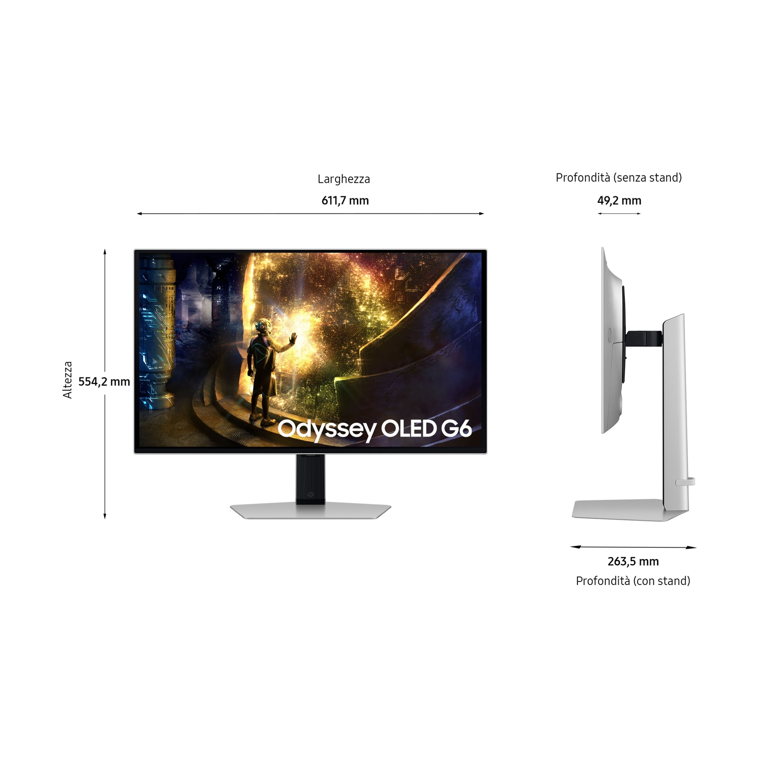 Un monitor Odyssey OLED G6. Mostra le dimensioni: altezza, larghezza e profondità con supporto. Il display è acceso.