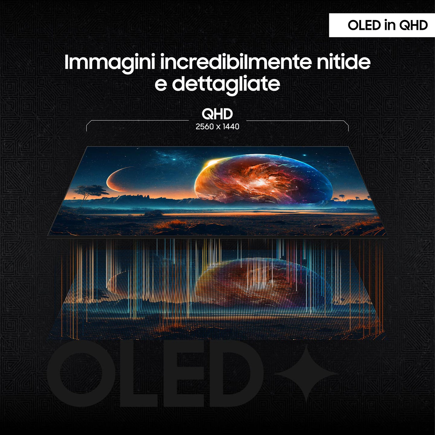 Display OLED con testo e una rappresentazione visiva dei pixel.