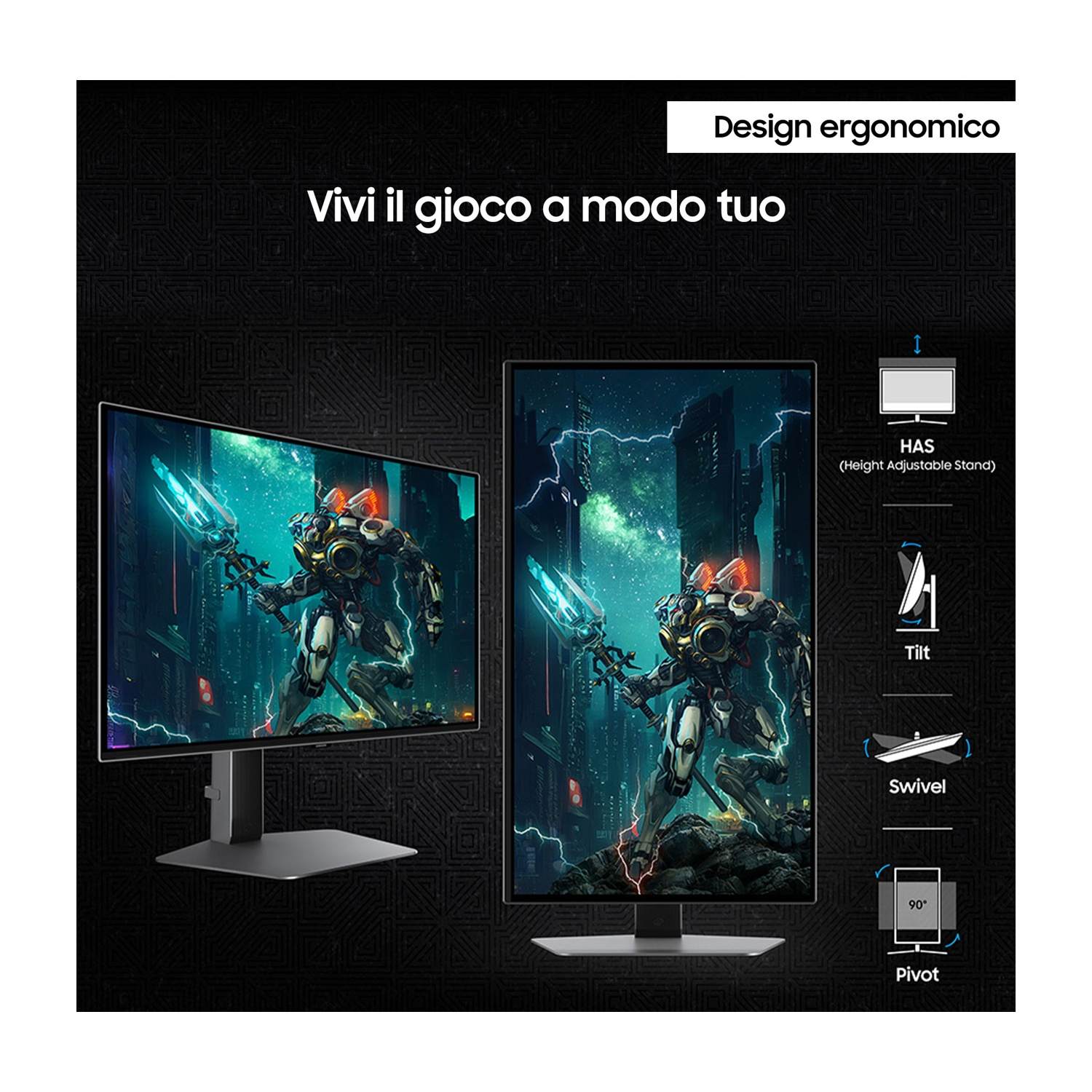 Due monitor mostrano una scena di gioco e le opzioni di configurazione. Il testo su uno dice 'Design ergonomico'.