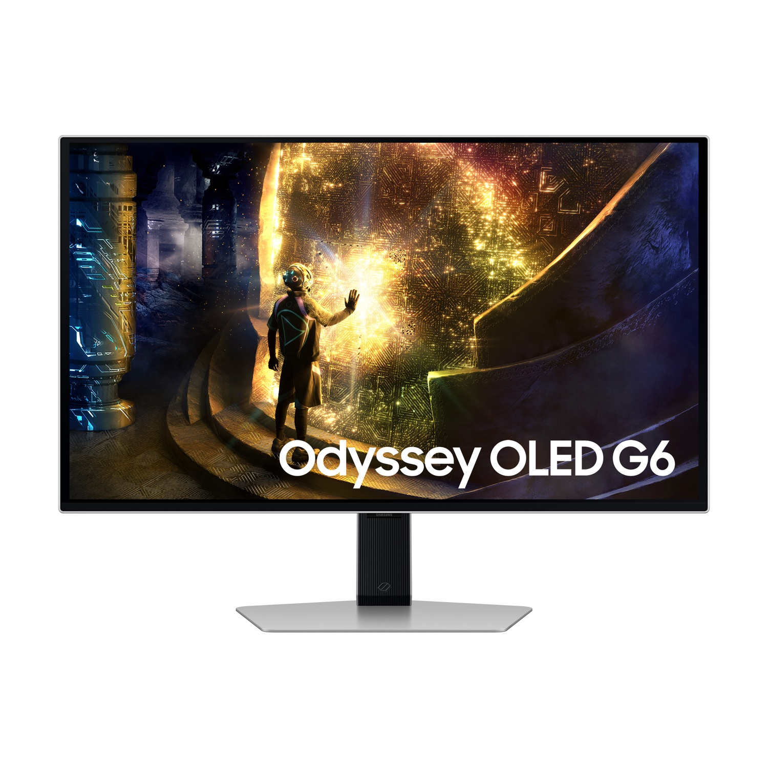 Un monitor mostra una scena futuristica e le parole 'Odyssey OLED G6'.