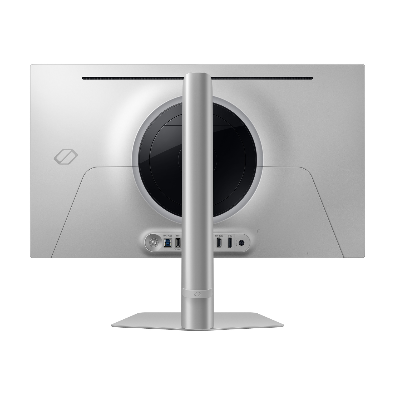 Il retro di un monitor argentato. Porte in basso. Un design circolare al centro.