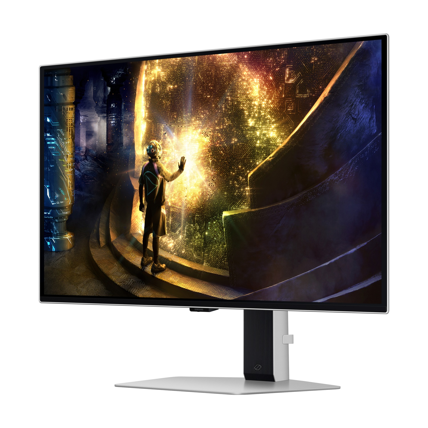 Un monitor mostra una scena futuristica. Il supporto è argento e nero.