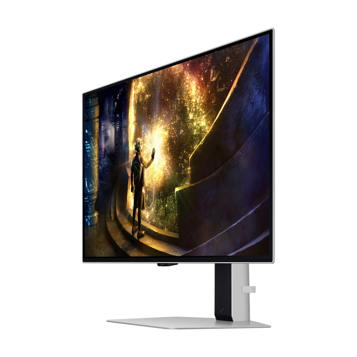 Un monitor mostra una scena futuristica. Il supporto è argento e nero.