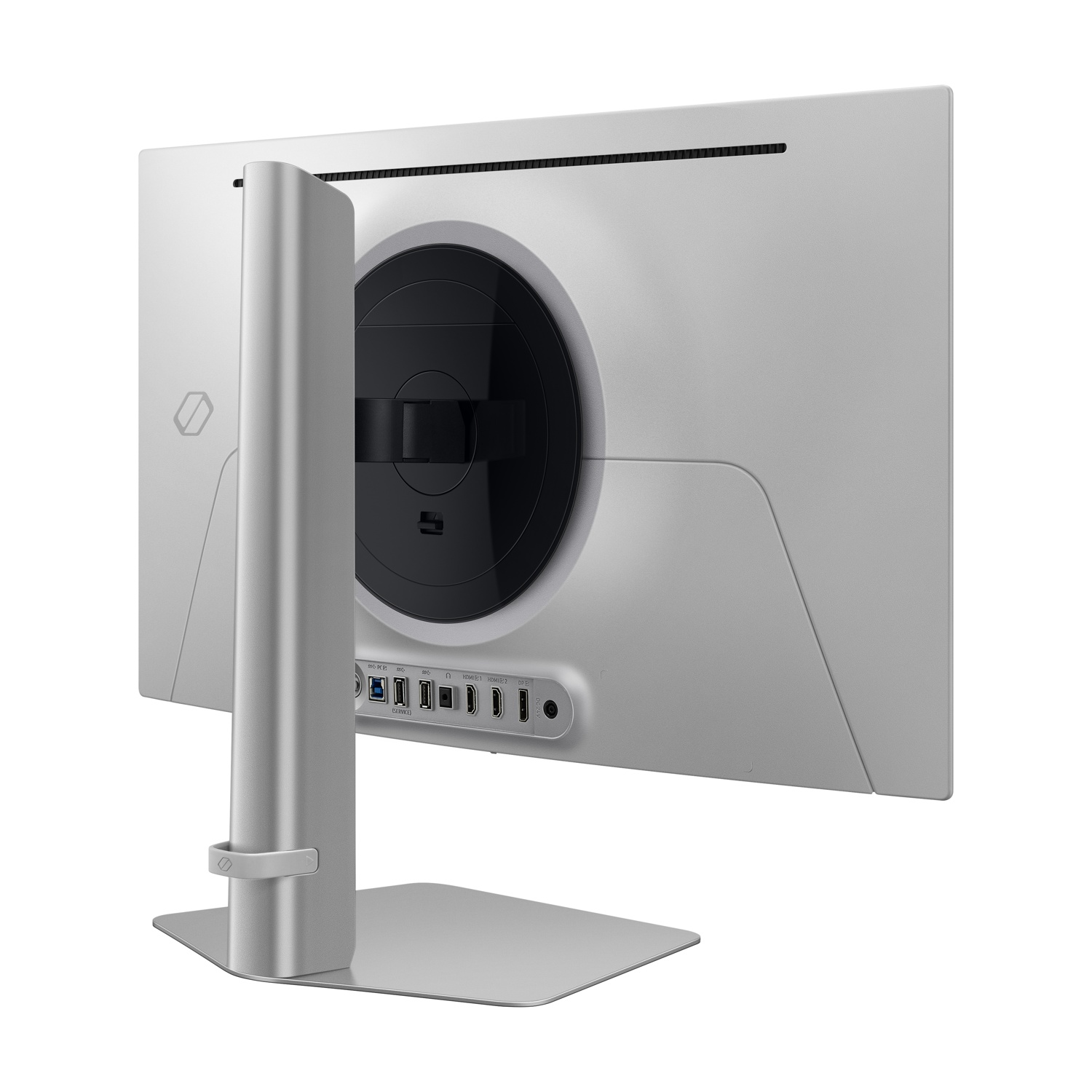 Monitor per computer argentato con supporto e porte posteriori.