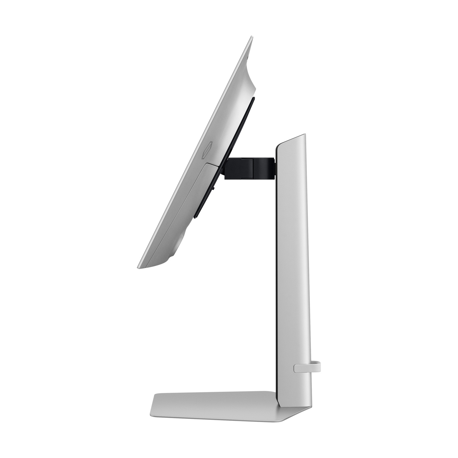 Monitor del computer argentato su un supporto argentato. Il monitor è inclinato verso l'alto.