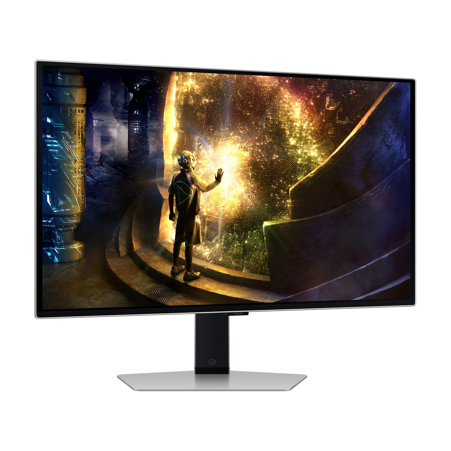 Una sala conferenze con un monitor su un supporto.