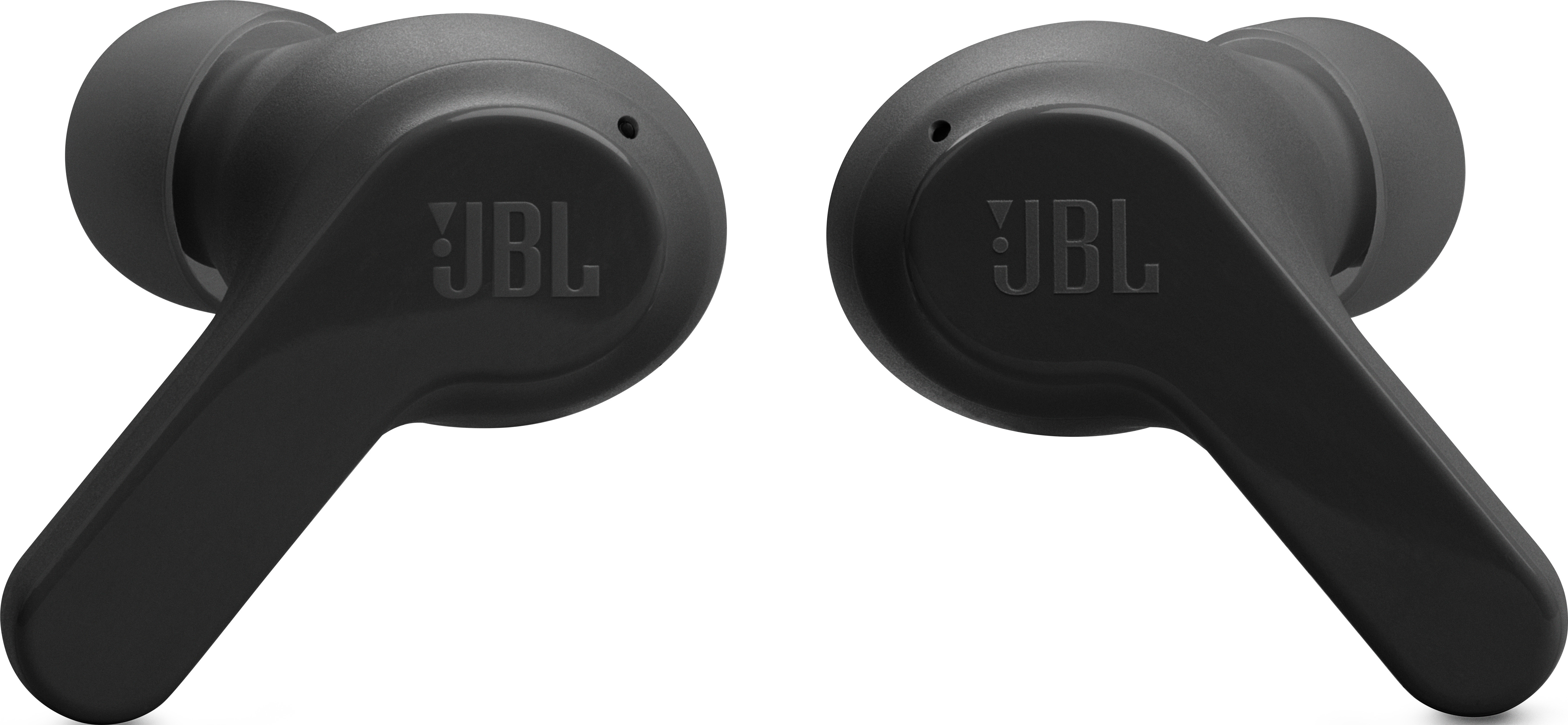 Écouteurs JBL noirs, gros plan, isolés sur fond blanc, vue de face.
