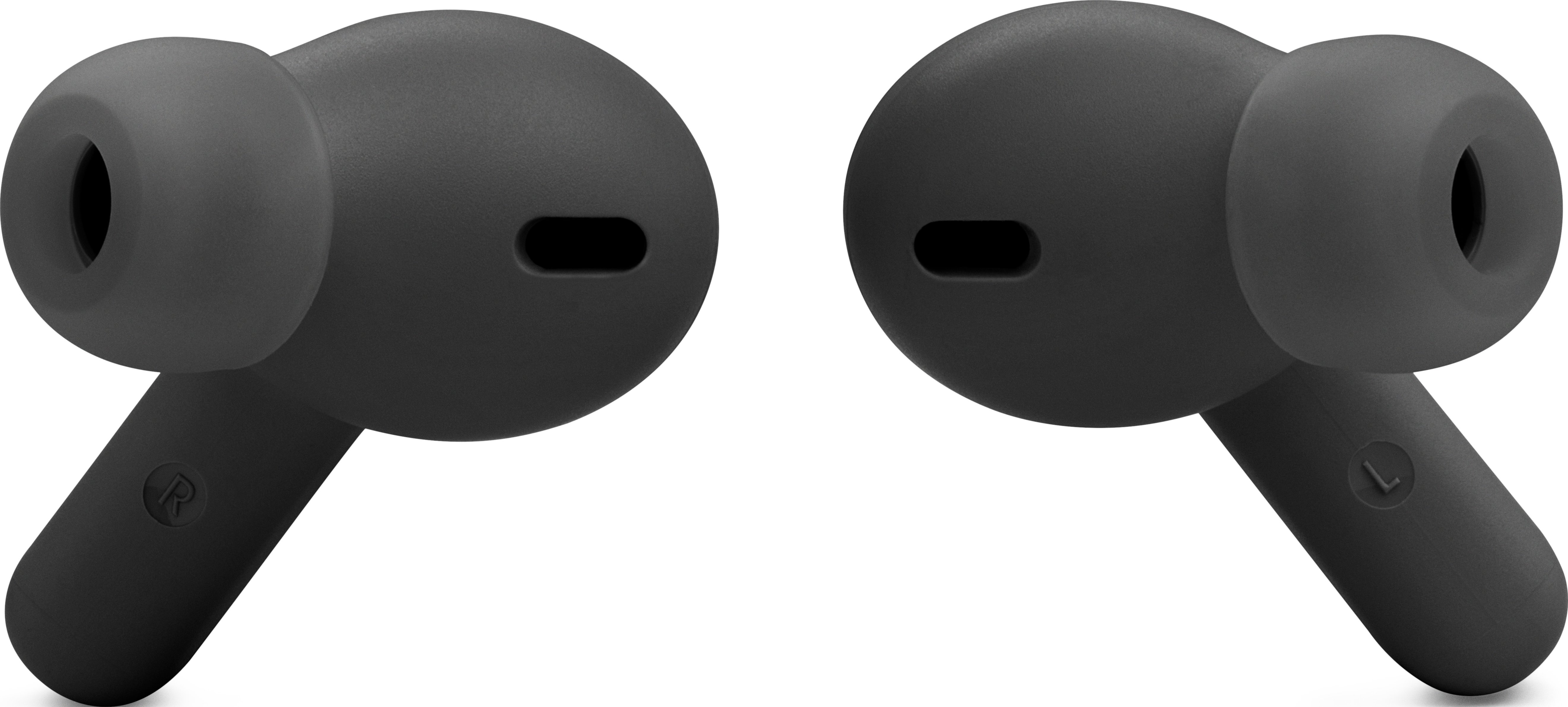 Deux écouteurs noirs, en gros plan, avec des marquages 'R' et 'L', sur fond blanc.