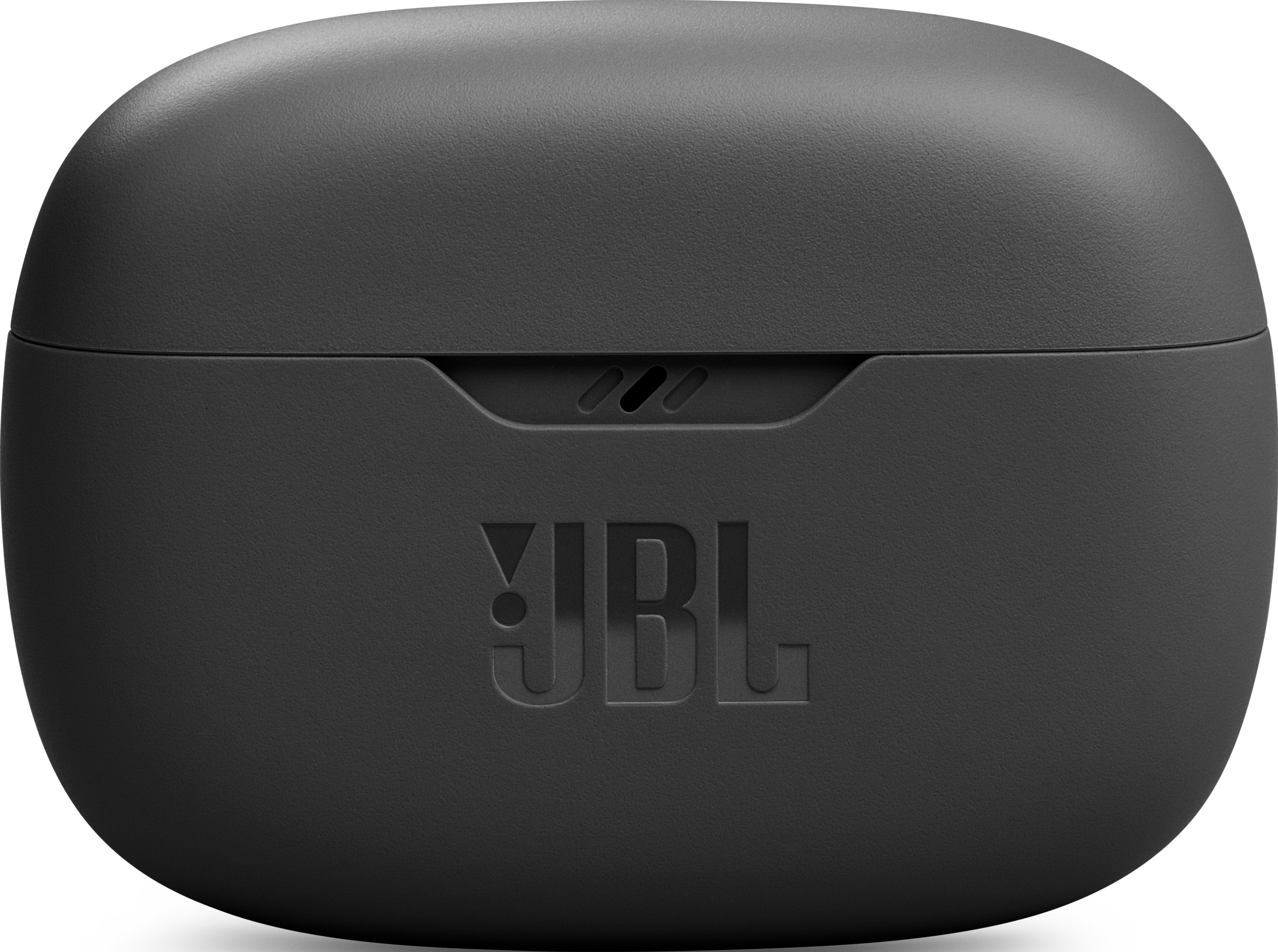 Un étui de chargement d'écouteurs JBL noir, avec le logo JBL en relief sur le devant.