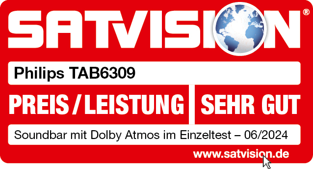 Satvision Grafik. Roter Hintergrund, Philips TAB6309 Soundbar, 'Preis/Leistung' und 'SEHR GUT'.