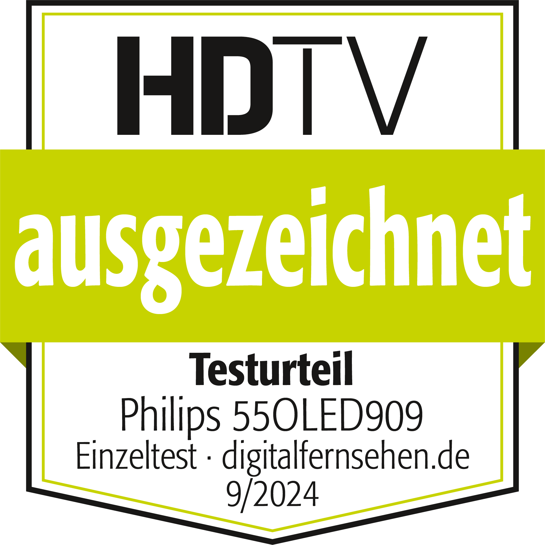 HDTV Grafik mit 'ausgezeichnet' auf grünem Balken, Philips 55OLED909, von digitalfernsehen.de.