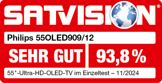 Satvision Grafik. Roter Hintergrund, Philips 55OLED909/12, 'SEHR GUT' und 93,8 % Bewertung.