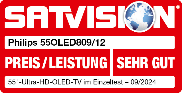 Satvision Grafik. Roter Hintergrund, Philips 55OLED809/12, 'Preis/Leistung' und 'SEHR GUT'.