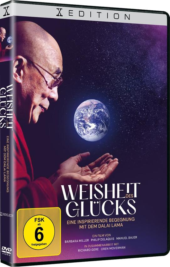 Dalai Lama auf einem DVD-Cover, mit der Erde. Deutscher Text.