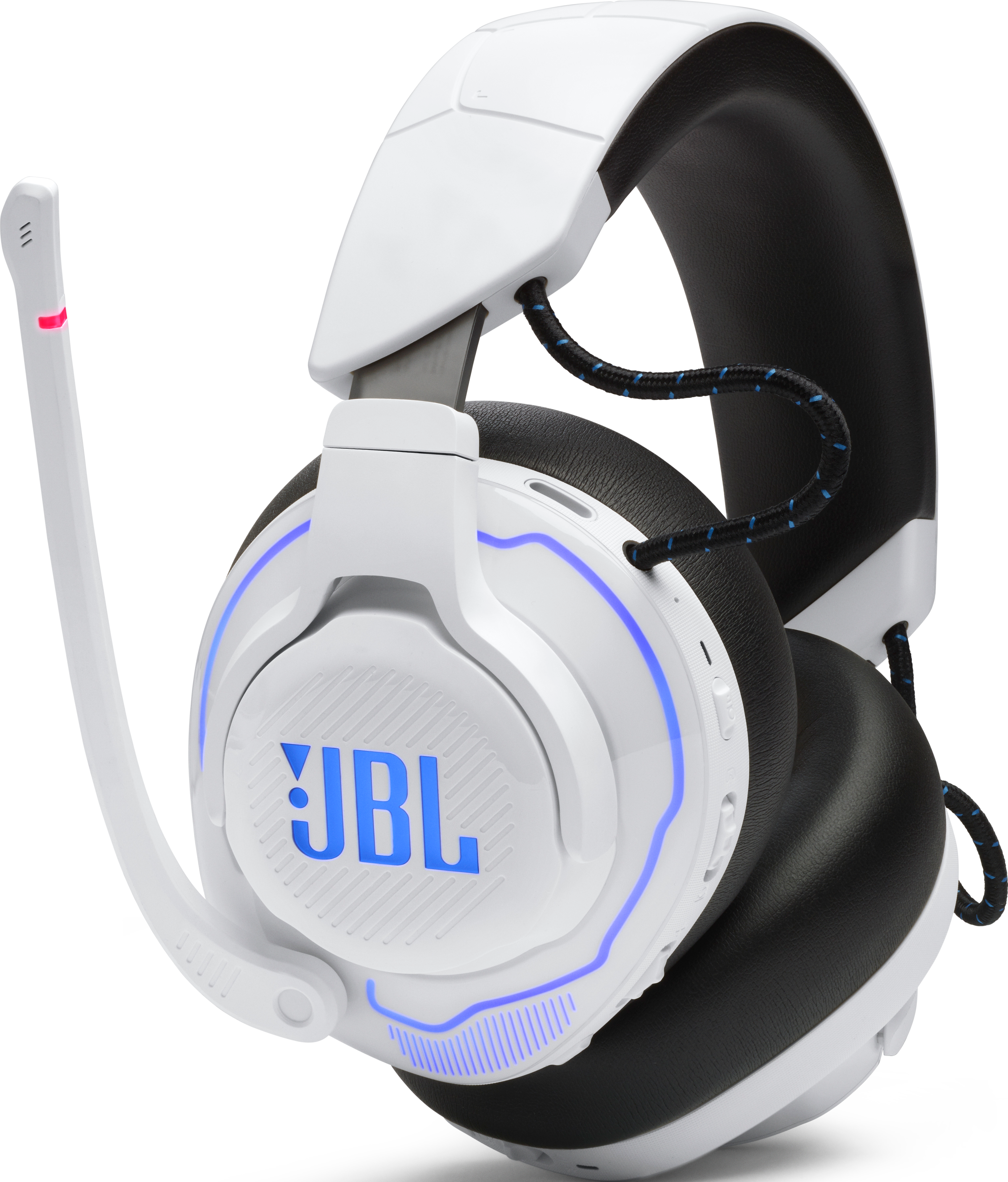 Weißes und schwarzes JBL-Gaming-Headset, blaue Akzente.