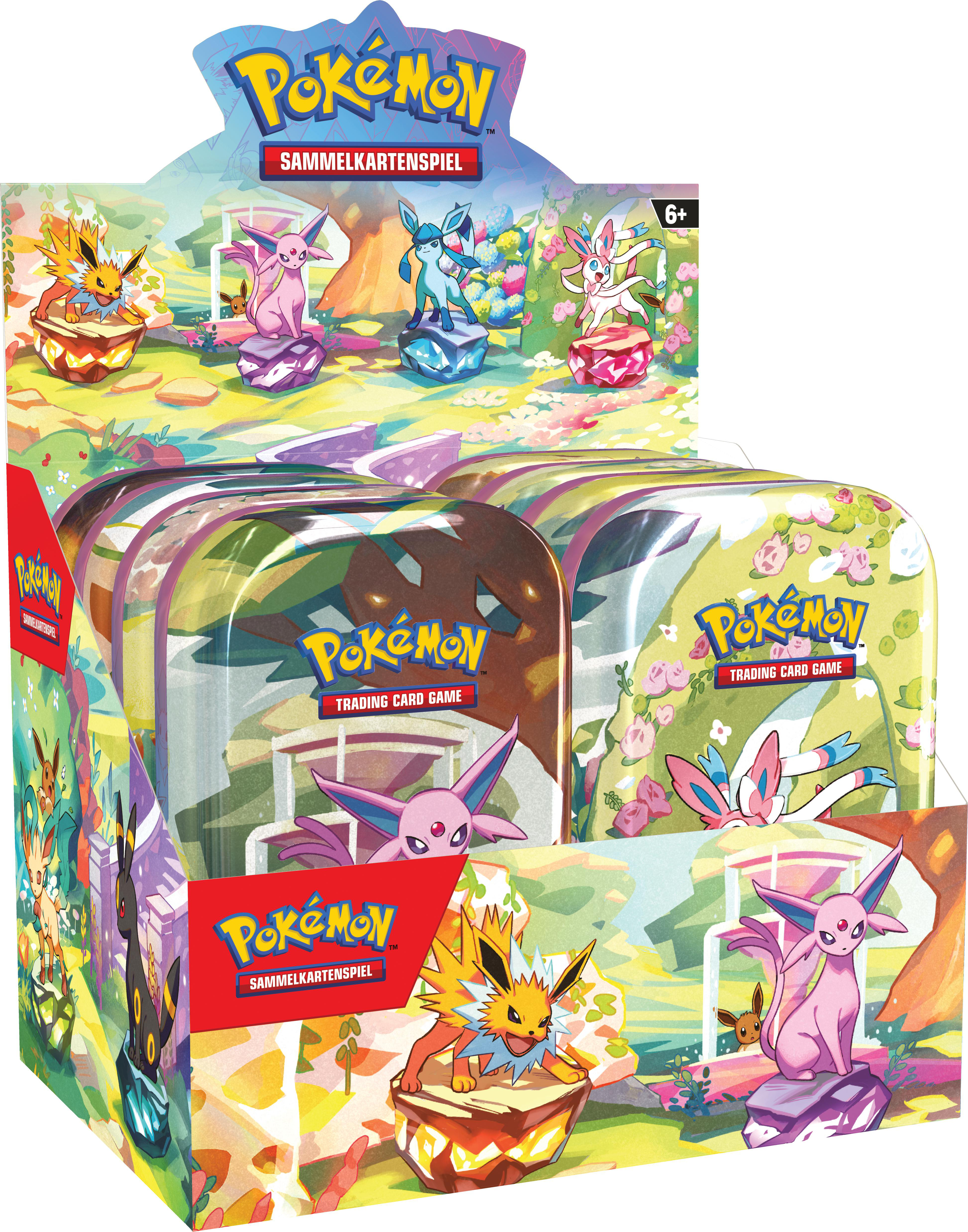 Pokémon Sammelkartenspiel-Display mit Evoli-Entwicklungen und Edelsteinen.