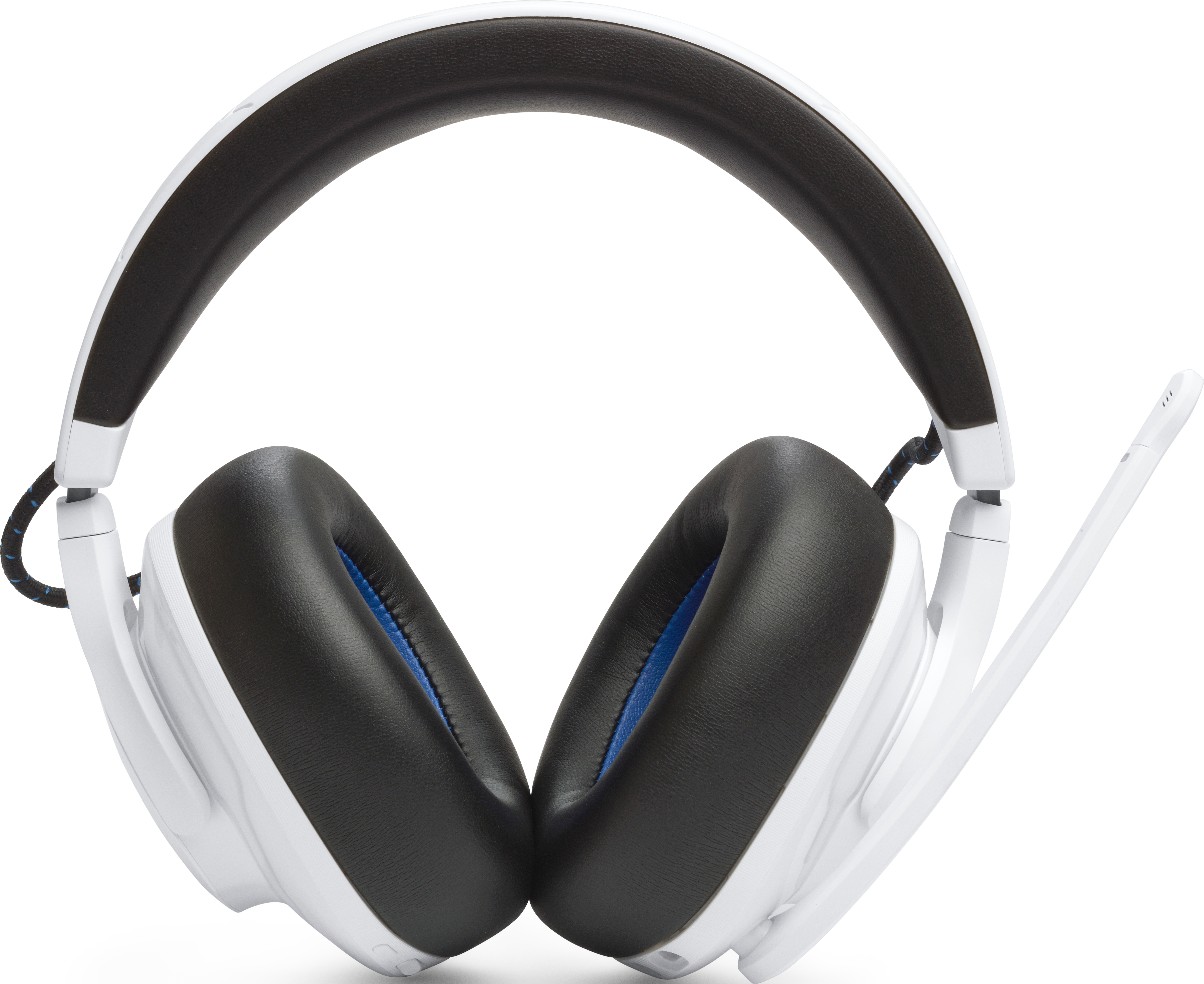 Weißes JBL-Gaming-Headset, Draufsicht, schwarze Ohrmuscheln.