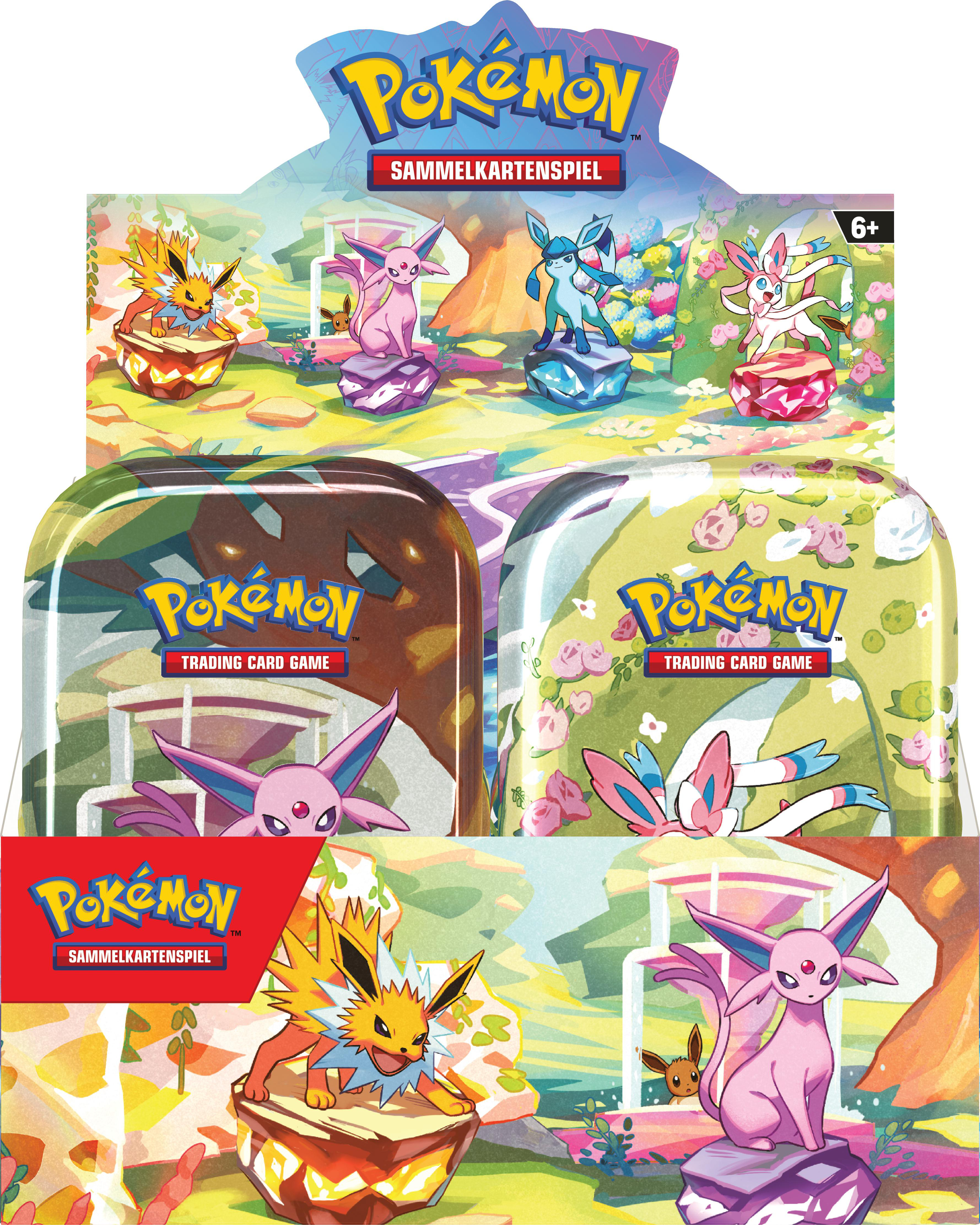 Pokémon Sammelkartenspiel: Jolteon, Espeon, Glaceon und Feelinara auf bunten Felsen.