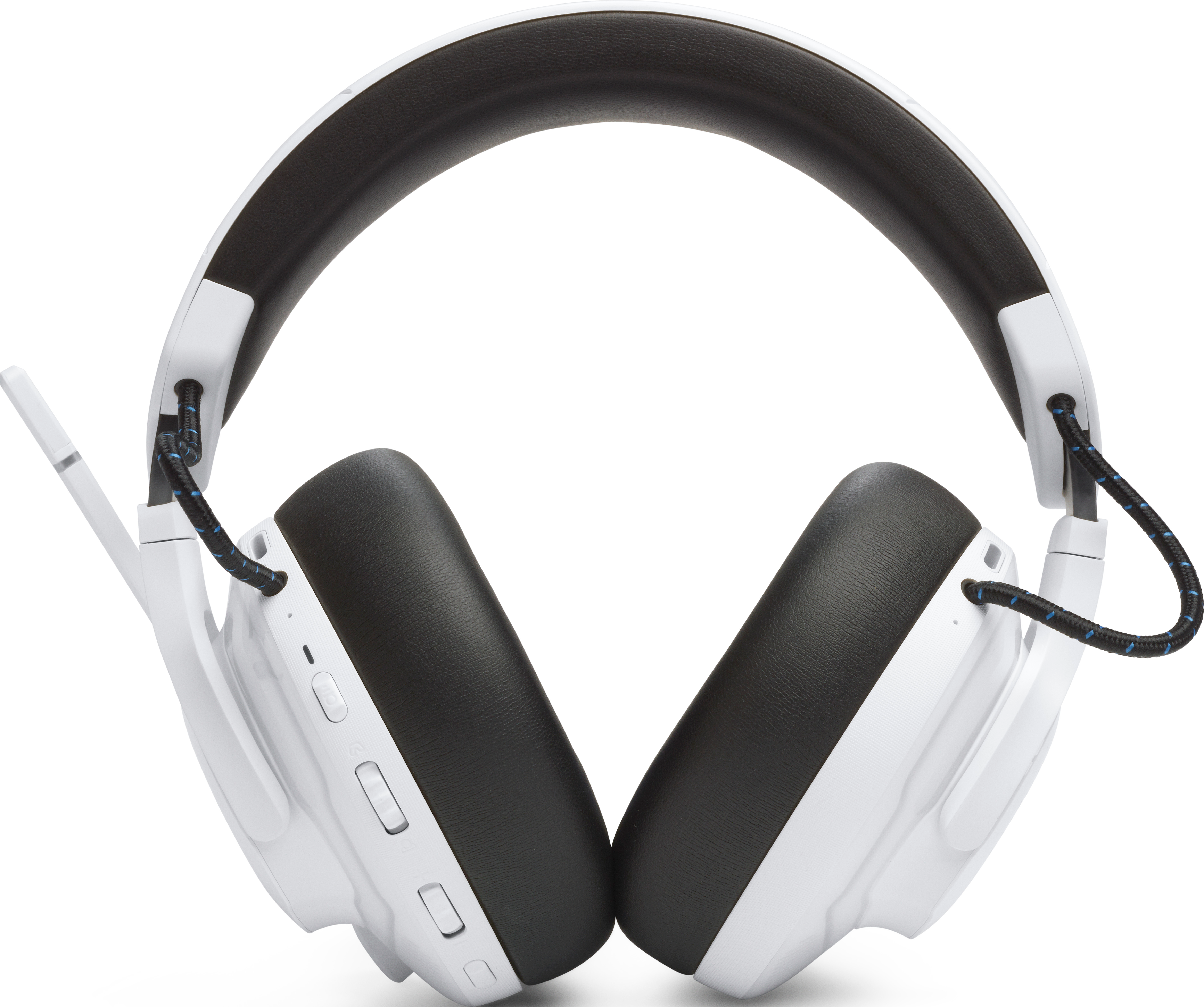 Weißes JBL-Gaming-Headset, Draufsicht, schwarze Ohrmuscheln.