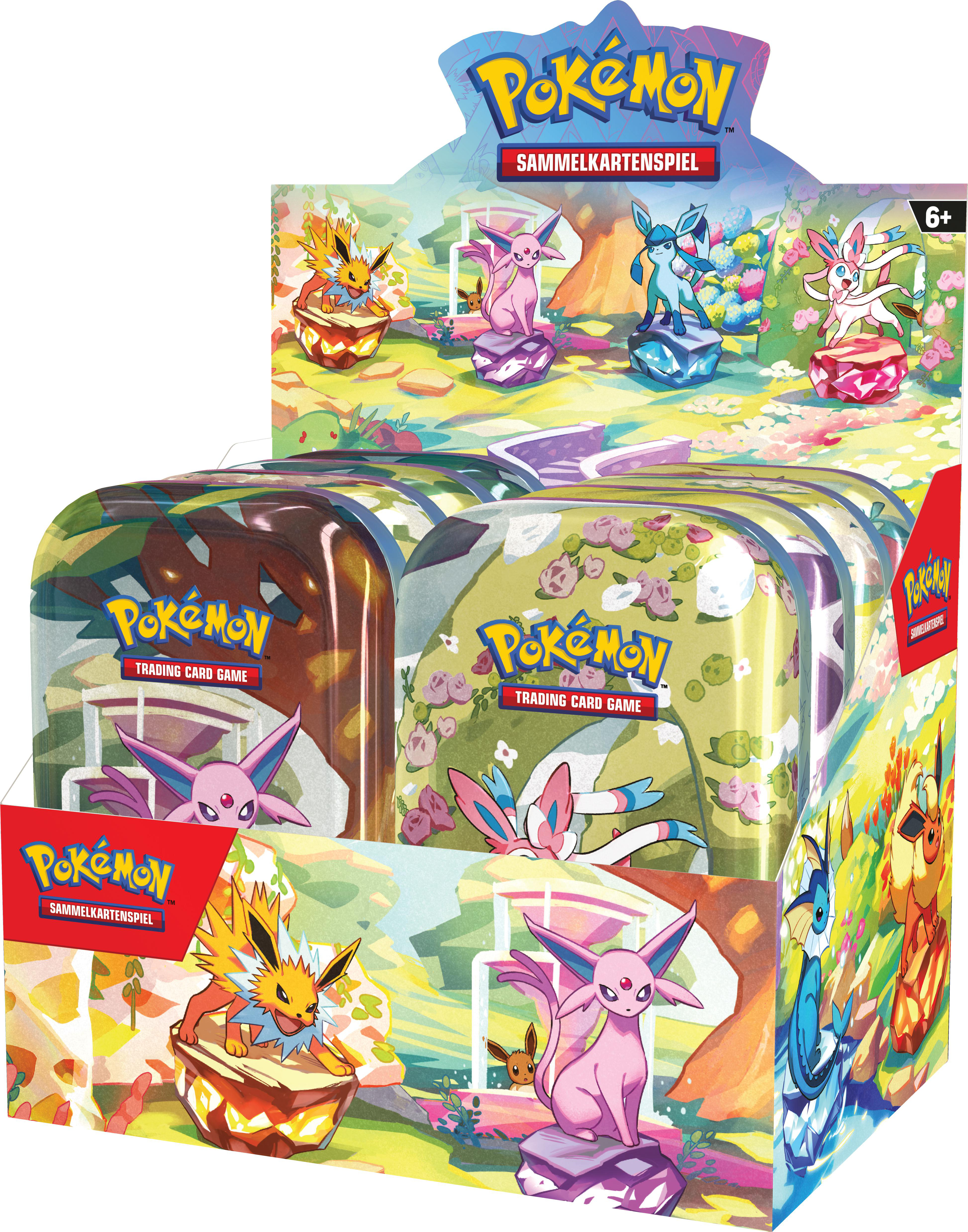 Verpackung von Pokémon Sammelkarten mit Evoli-Entwicklungen vor einer Landschaft.