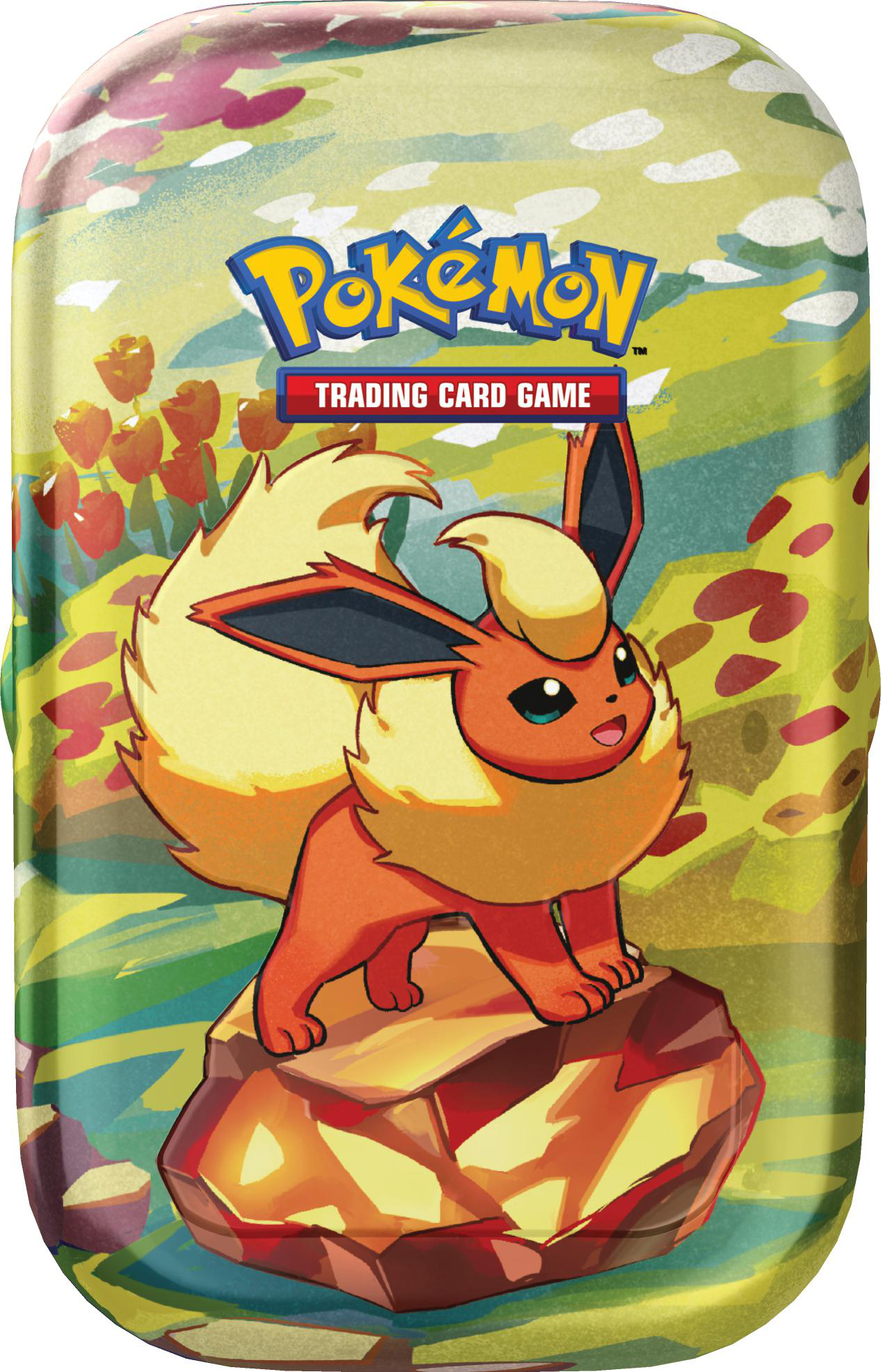 Ein Pokémon-Trading-Card-Spiel-Blech mit Flamara auf einem Stein vor Blumen.