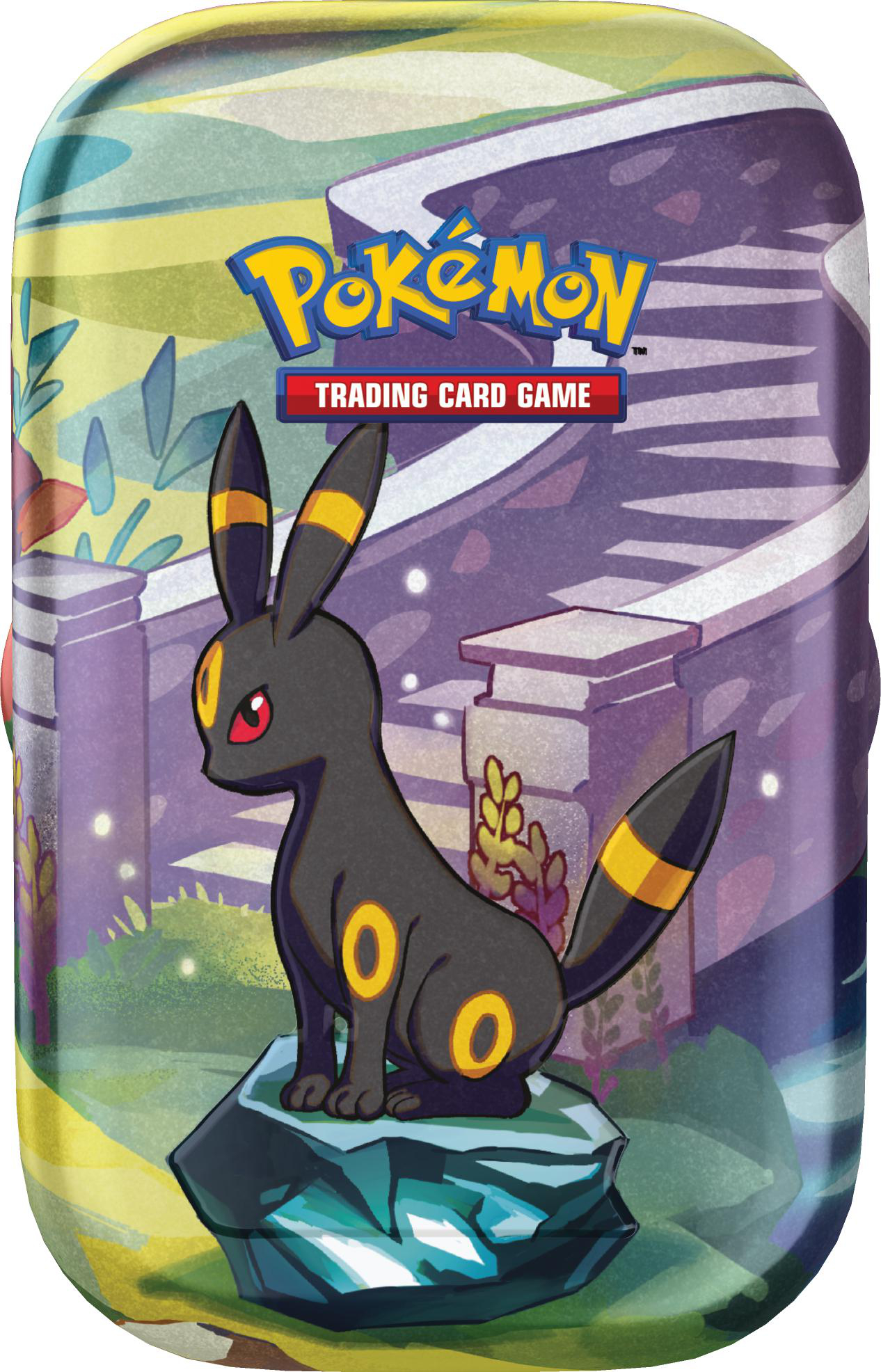 Ein schwarzer Umbreon sitzt auf einem glitzernden Stein vor einer Treppe.