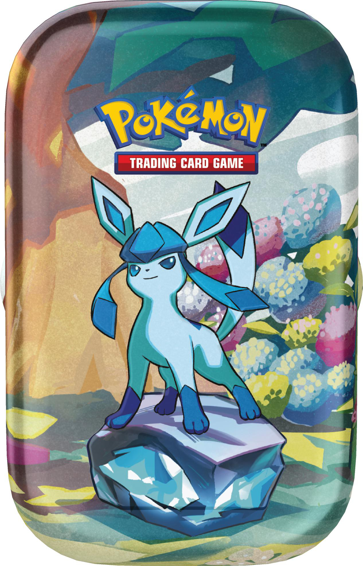 Glaziola auf einem Kristall im Vordergrund; Pokémon-Logo oben.