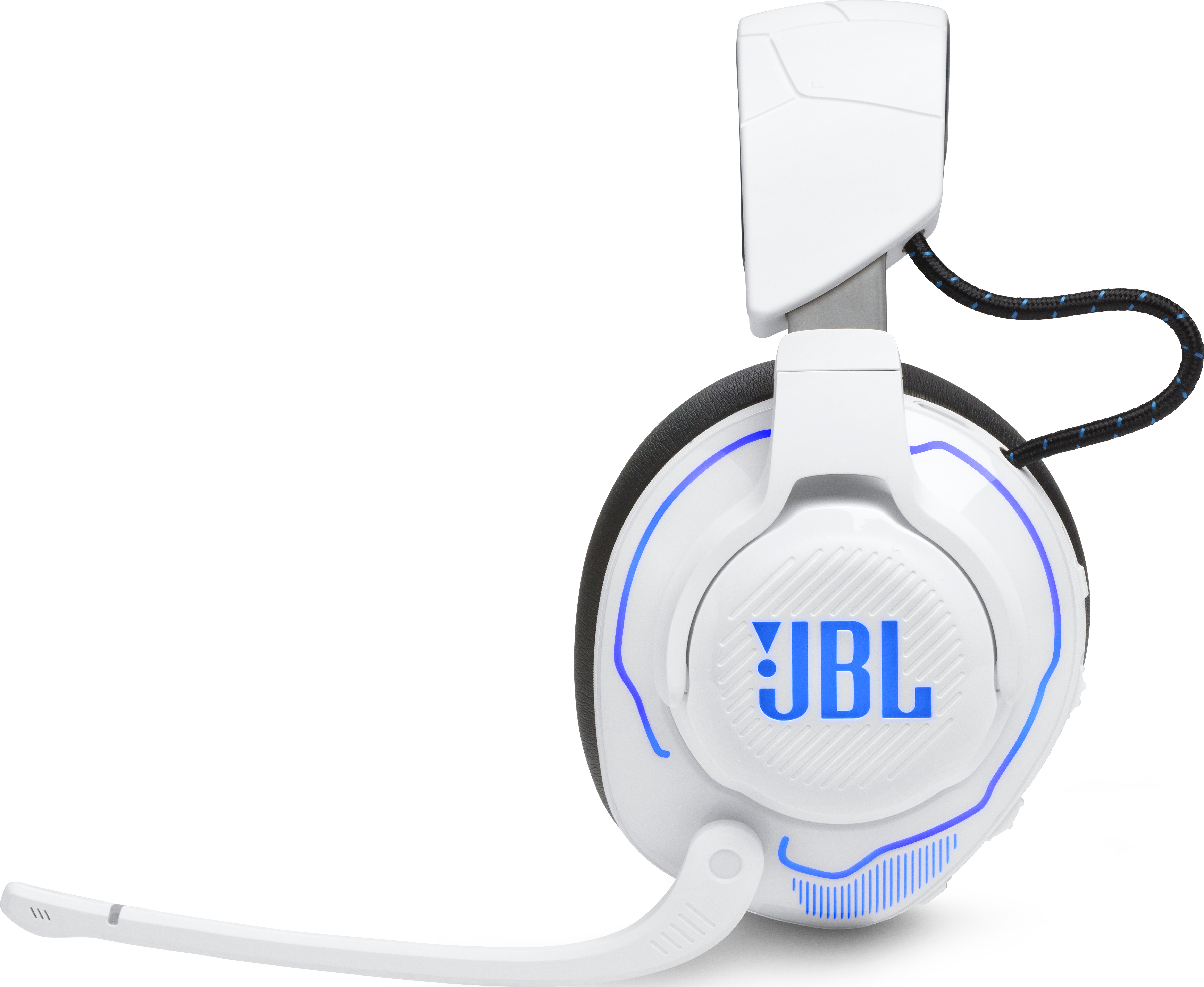 Weißes JBL-Gaming-Headset, Seitenansicht, mit Mikrofon.