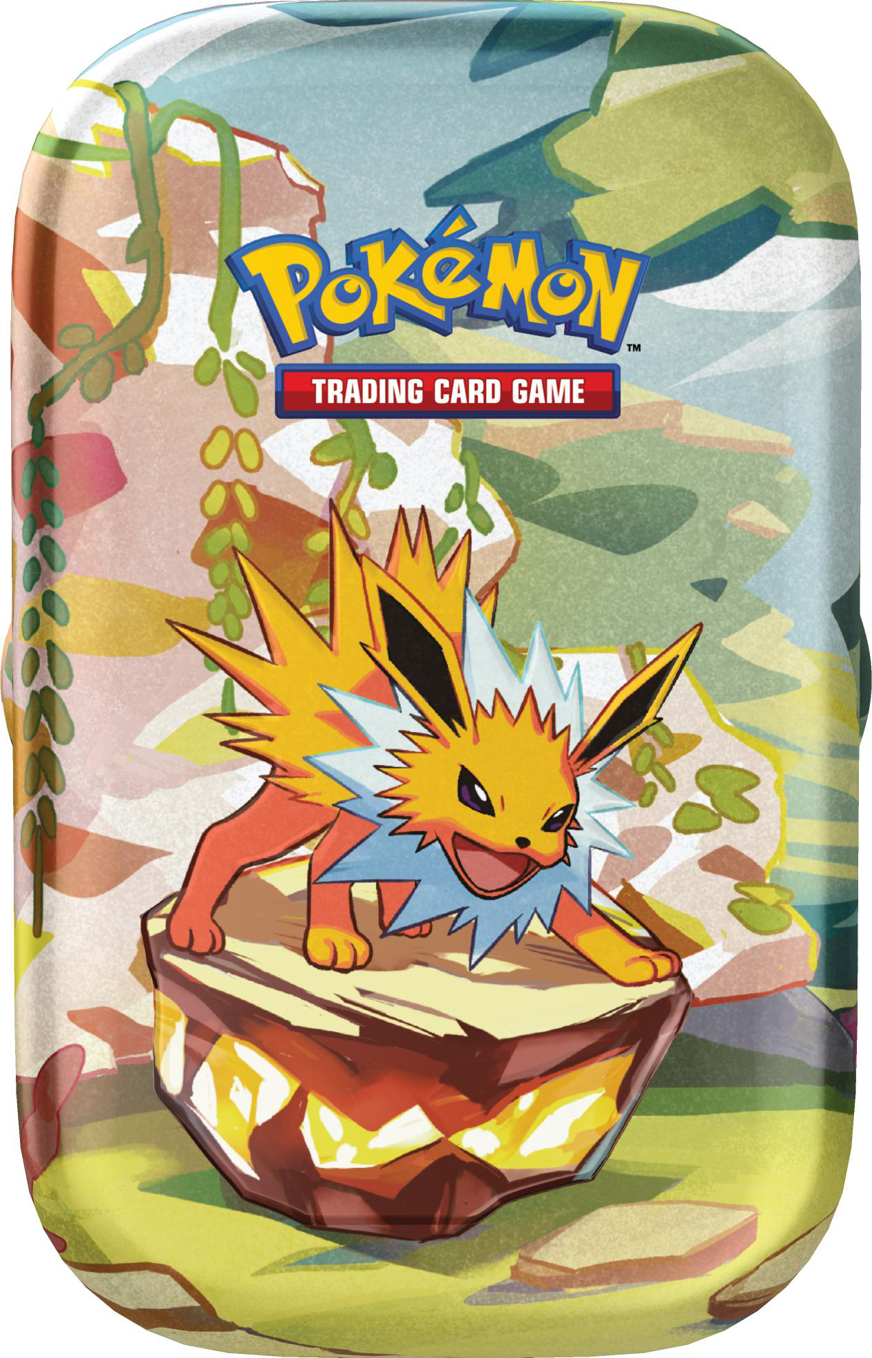 Ein gelbes Pokémon mit blauen Zacken steht auf einem Felsen. "Pokémon Trading Card Game" Logo.