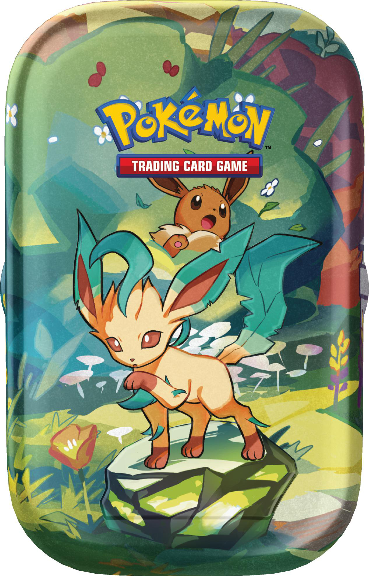 Leafeon und Evoli auf einer Wiese mit Pilzen und Blumen. Pokémon Trading Card Game.