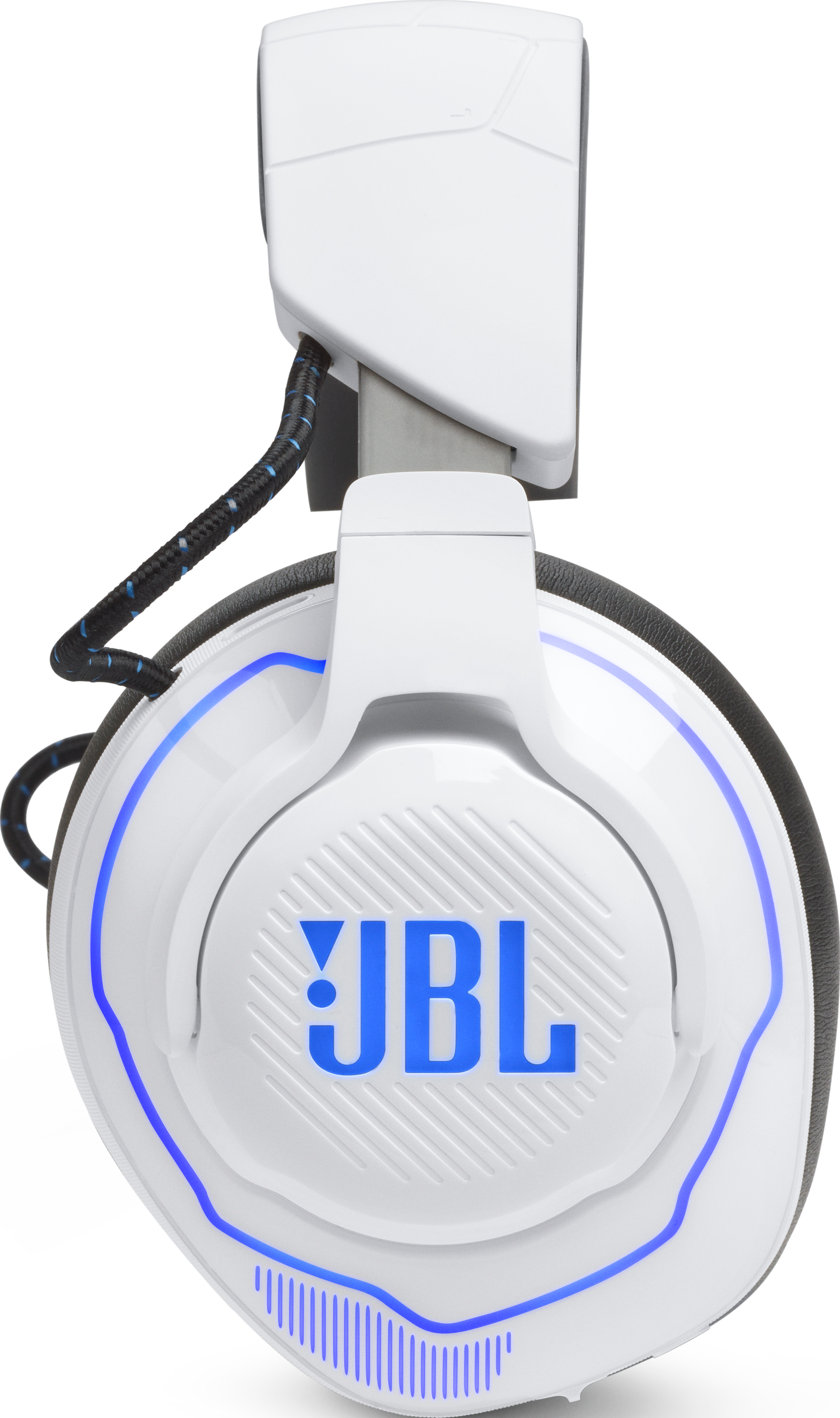 Weißes JBL-Gaming-Headset mit blauen Akzenten, Logo sichtbar.