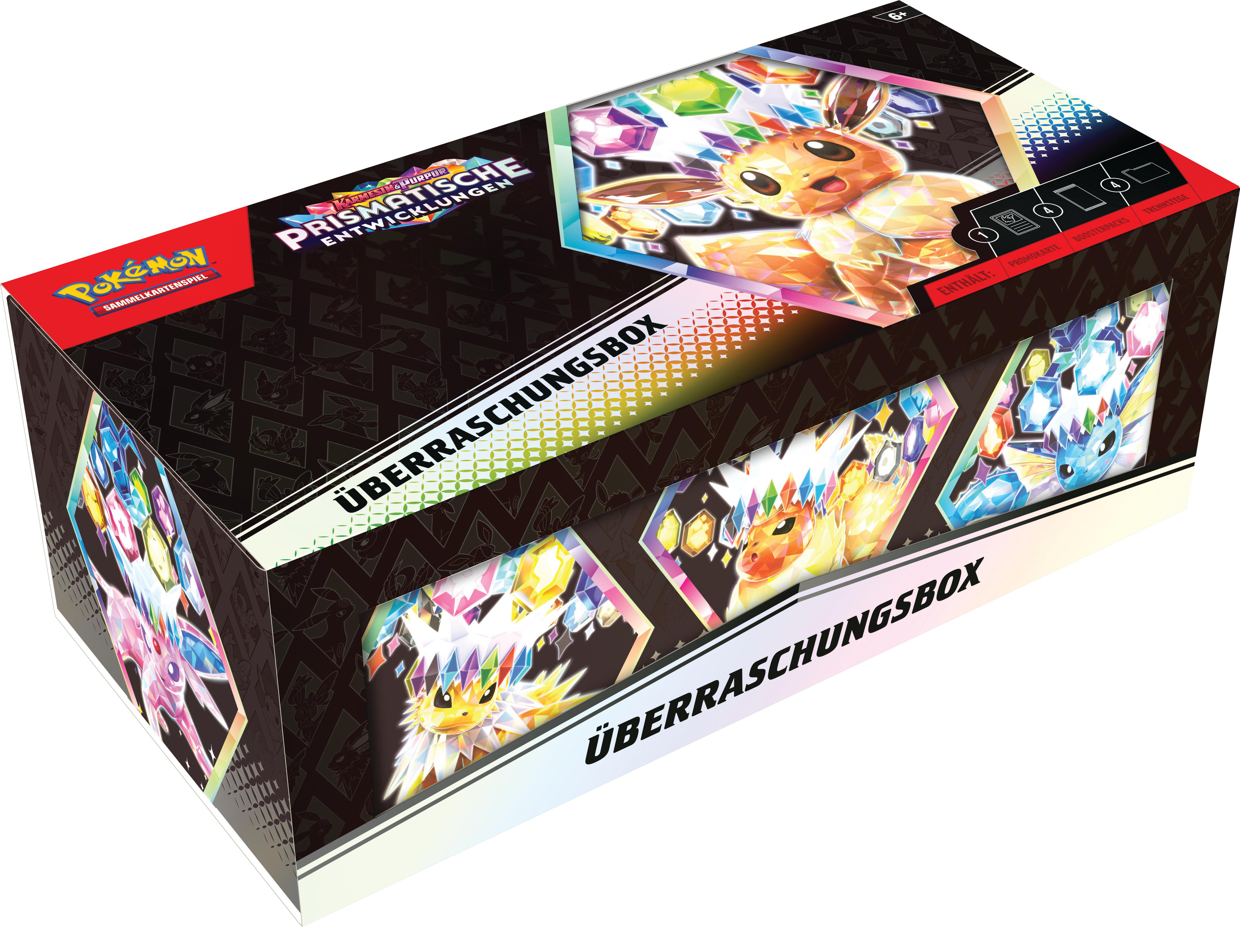 Pokémon-Sammelkartenspielbox mit verschiedenen Charakteren und Text in mehreren Sprachen.