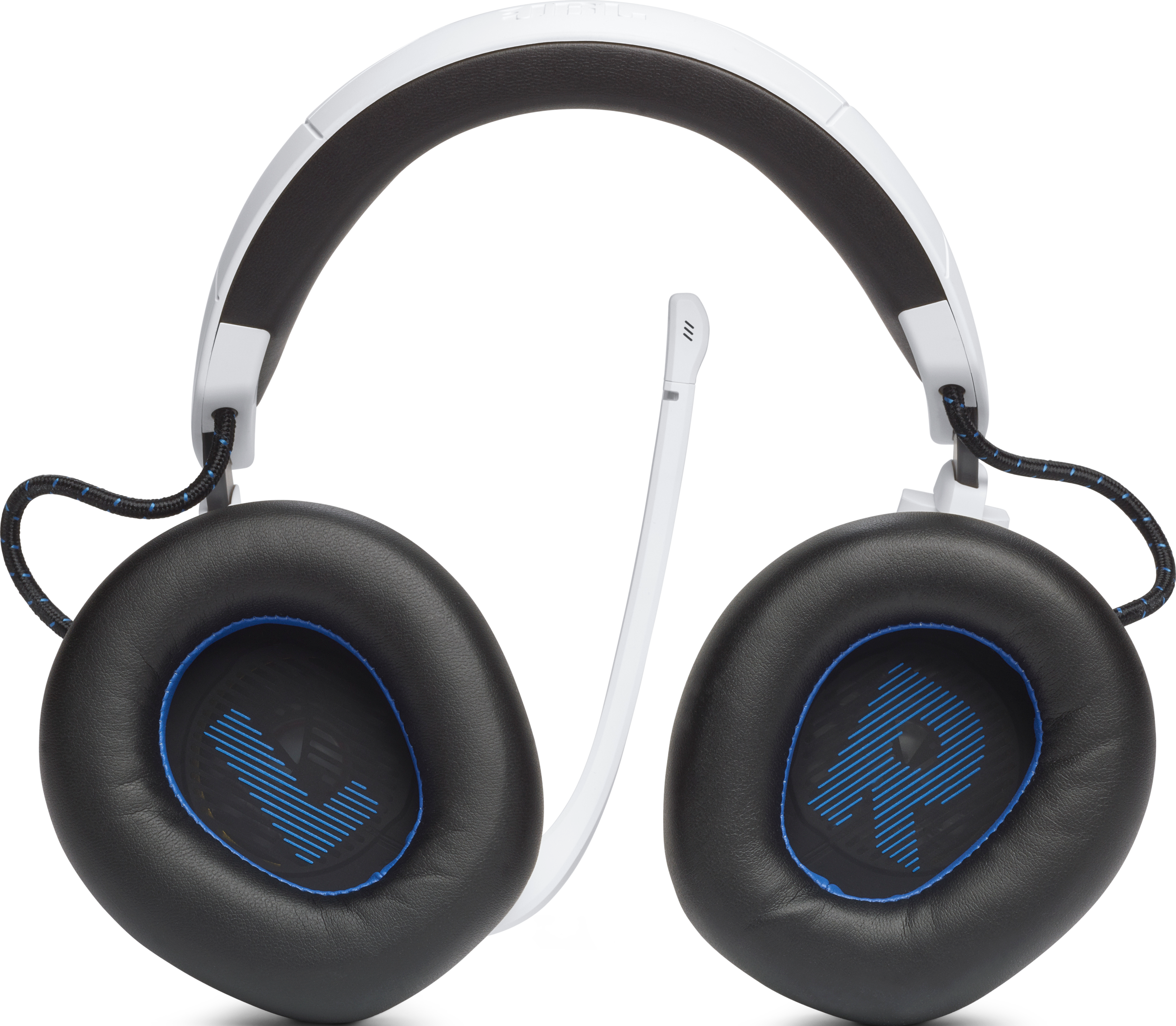 Ein weißes JBL-Gaming-Headset mit Mikrofon, Ohrmuscheln in Schwarz und Blau.