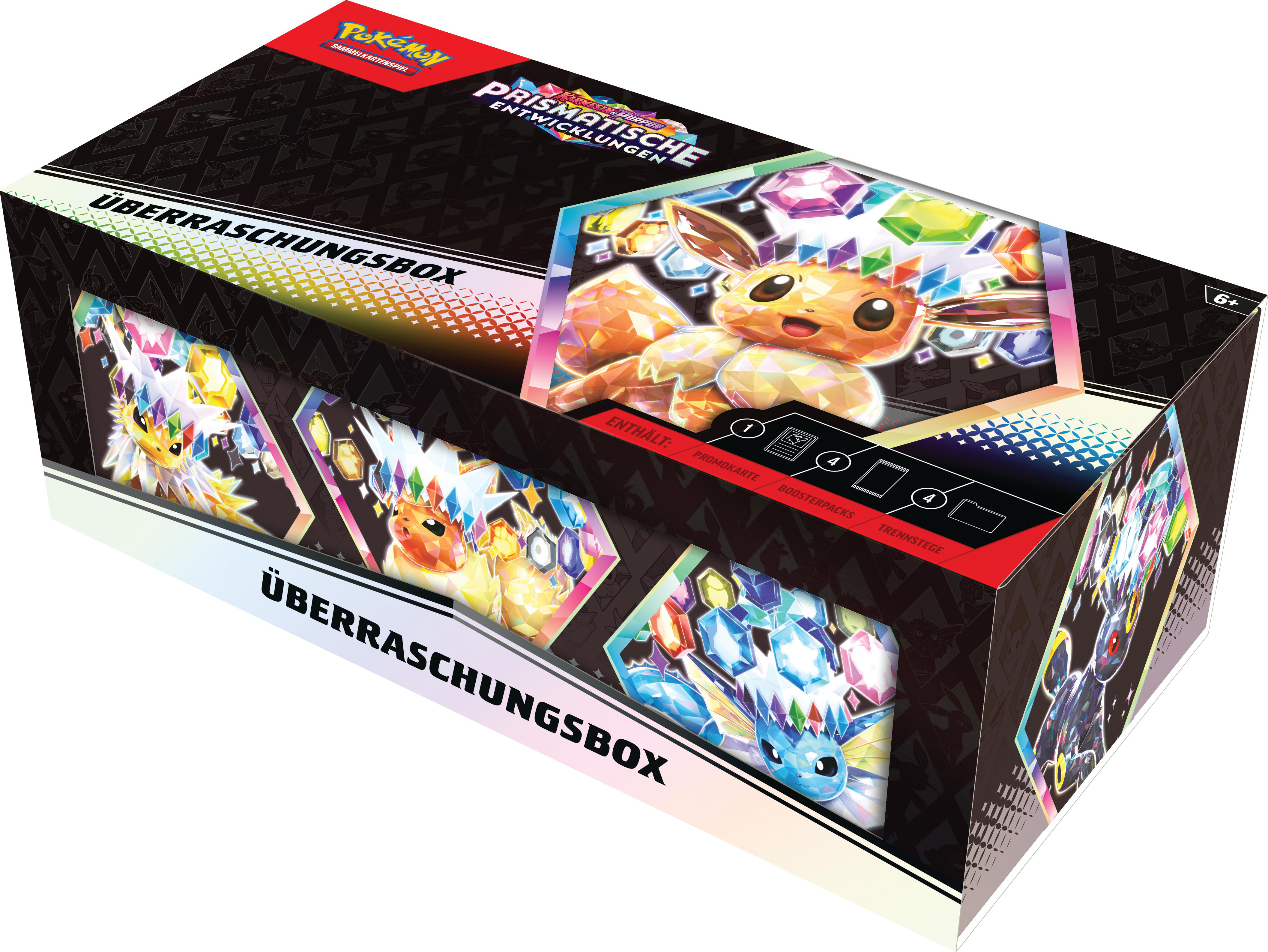 Eine Pokémon-Box mit drei Kartenpackungen. Die Box zeigt ein Pokémon-Design.