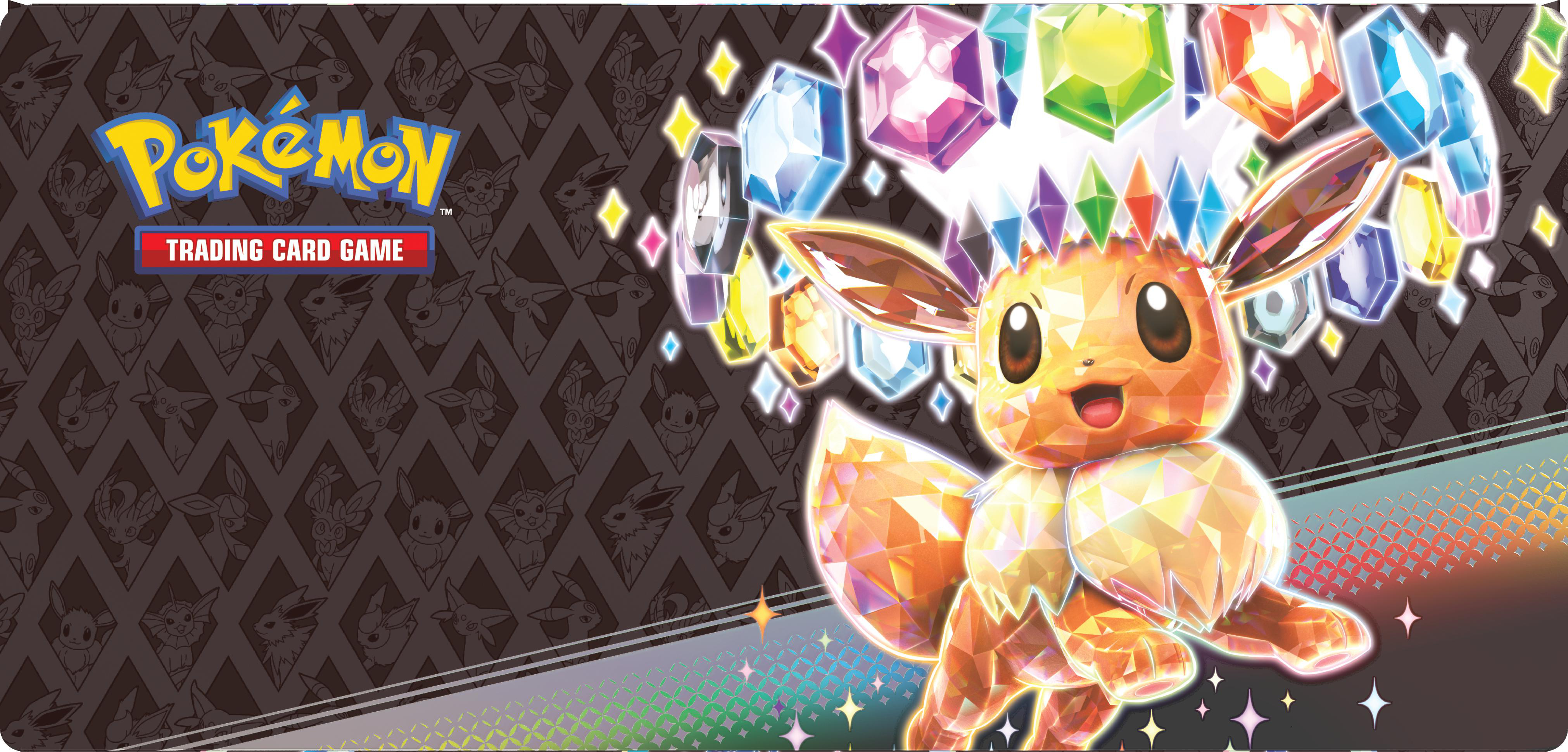 Pokémon Trading Card Game Spielmatte mit Evoli. Bunter Edelstein- und Diamantenmuster-Hintergrund.