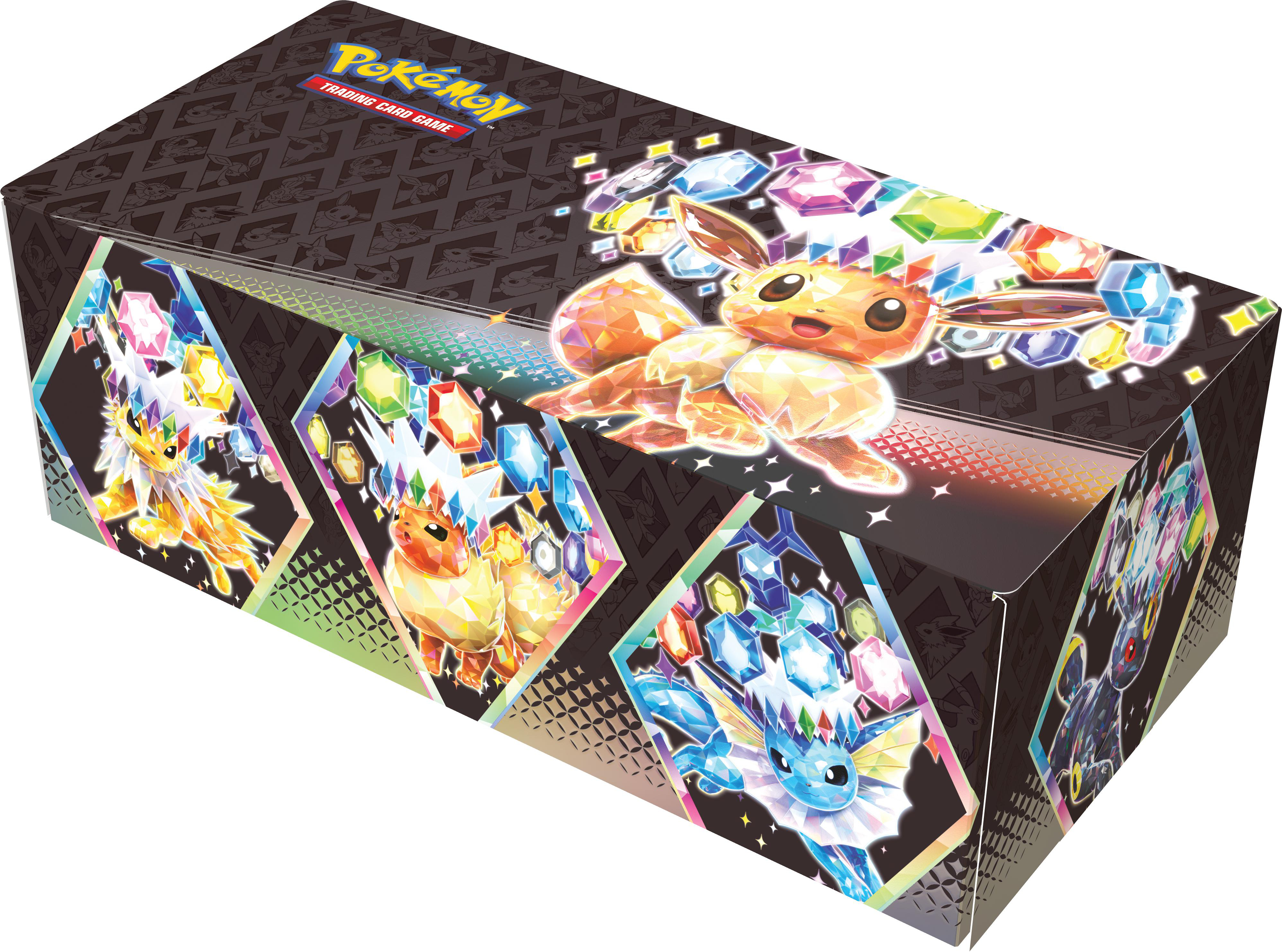 Pokemon-Sammelkartenspiel-Box mit mehreren Bildern und bunten Edelsteinen.