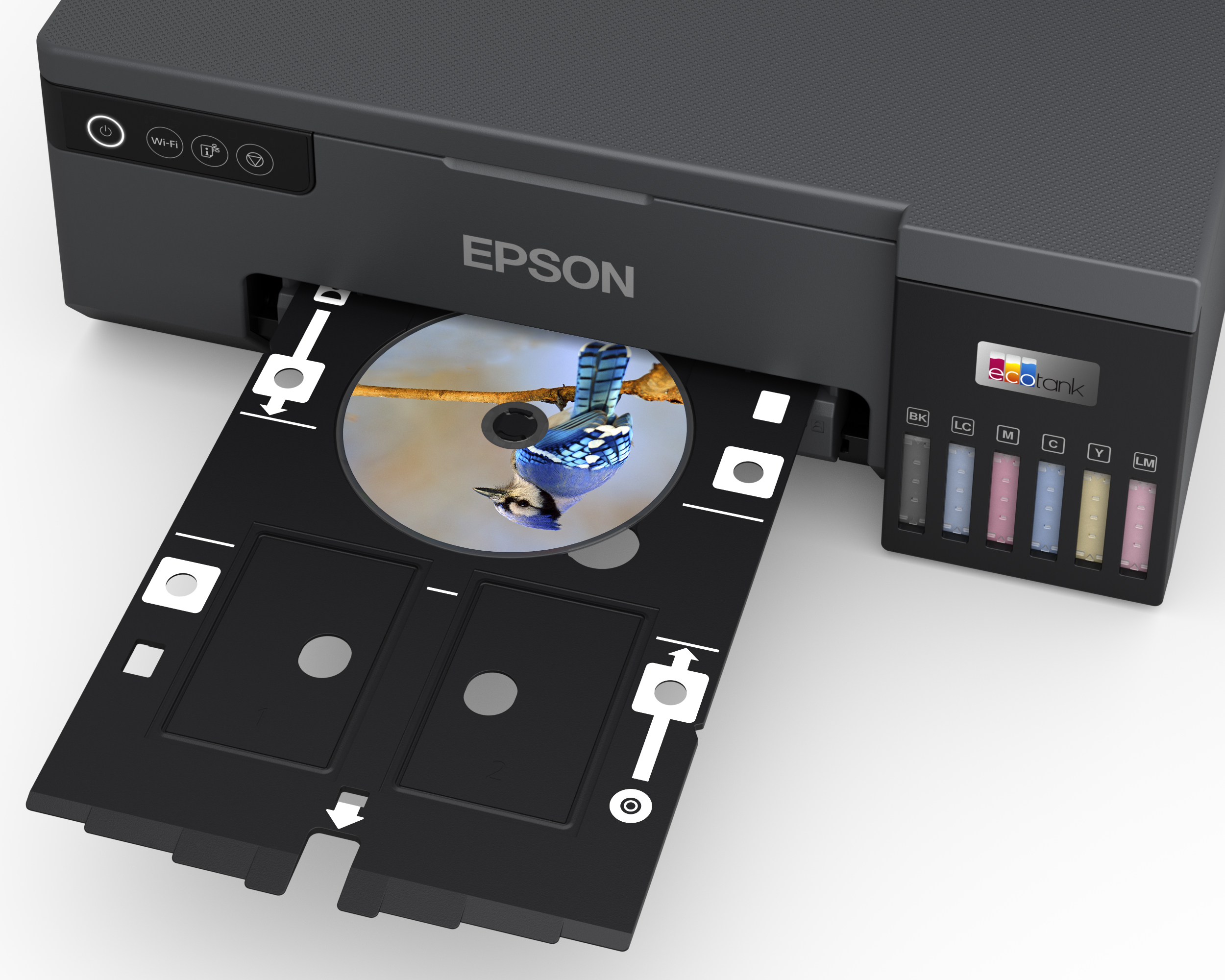 Epson yazıcı, mavi kuş resimli CD tepsisi ile. Sağda mürekkep tankları görülüyor.