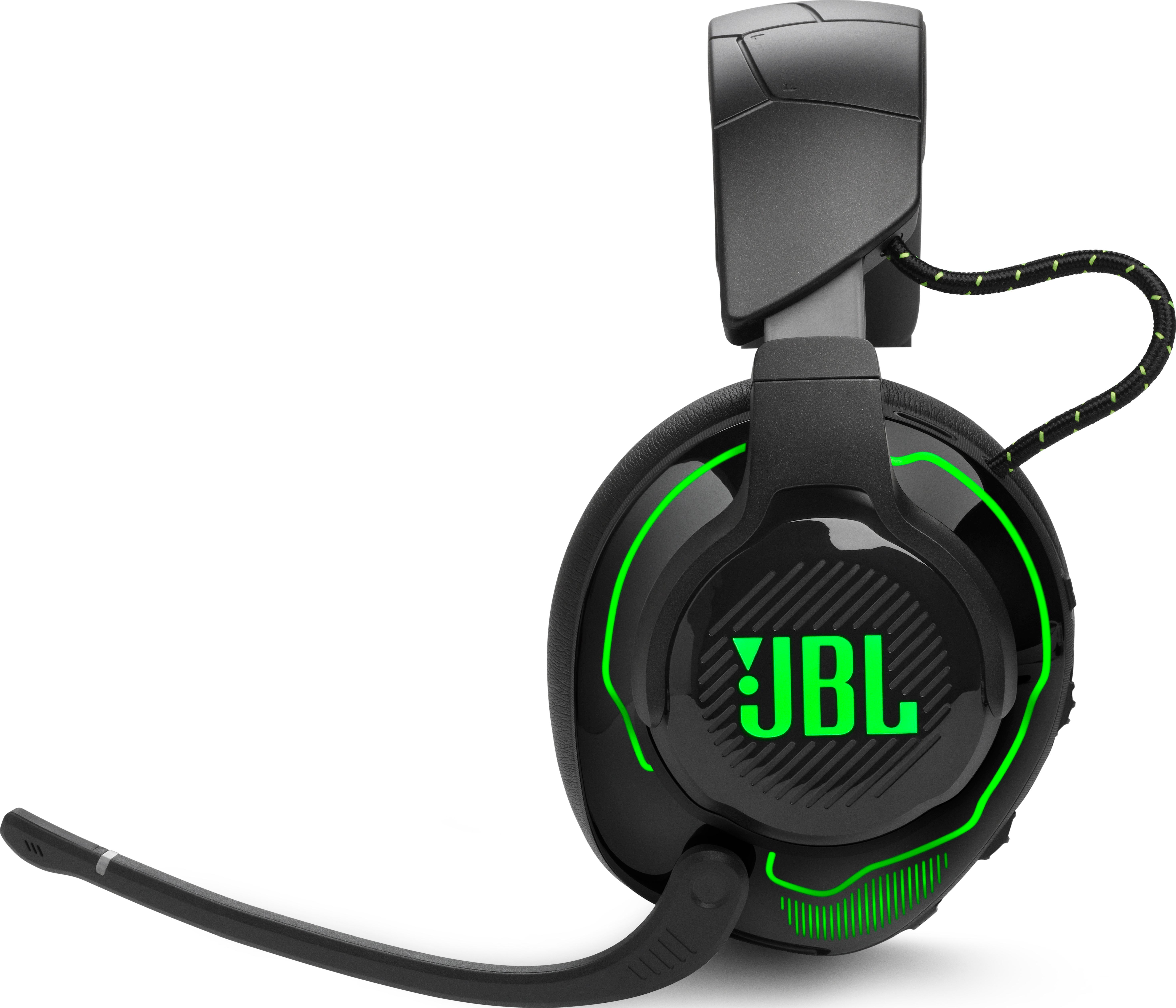 Schwarzes und grünes JBL Gaming-Headset mit Mikrofon.