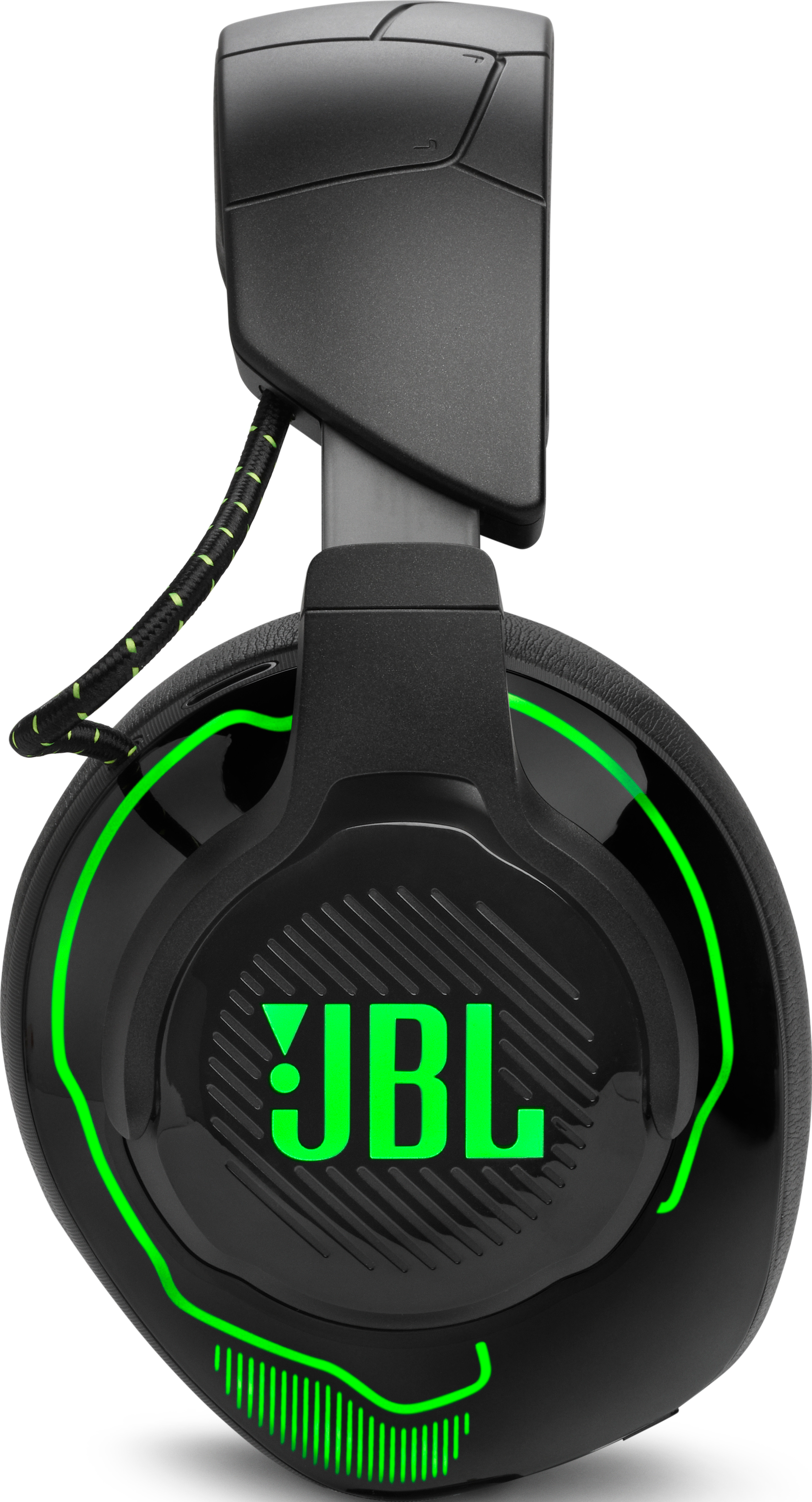 Schwarzes JBL-Gaming-Headset, Seitenansicht. Grüne Akzente und Logo.