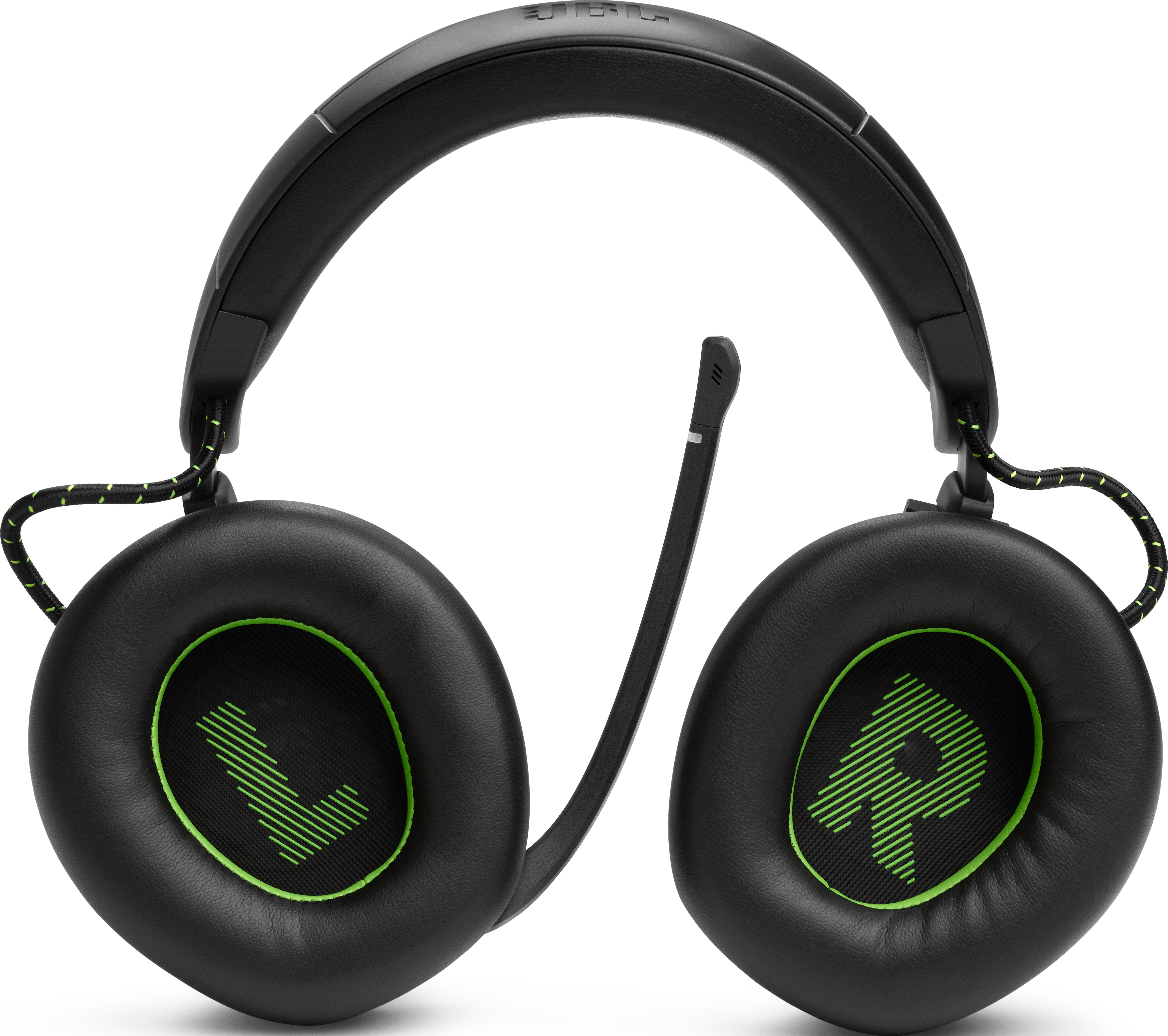 Schwarzes JBL-Gaming-Headset mit grünen Akzenten. Links- und Rechtsanzeige.