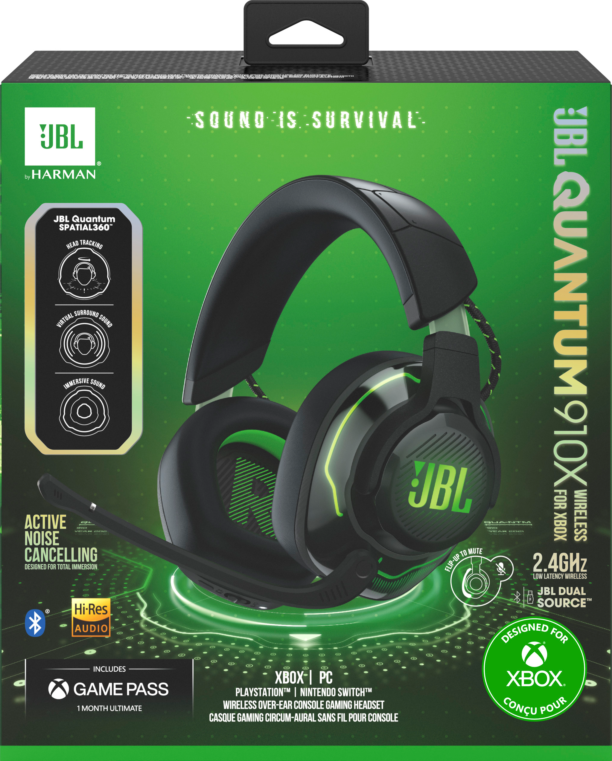 JBL Quantum 910X Gaming-Headset-Box. Headset-Bild, Funktionen und Branding.