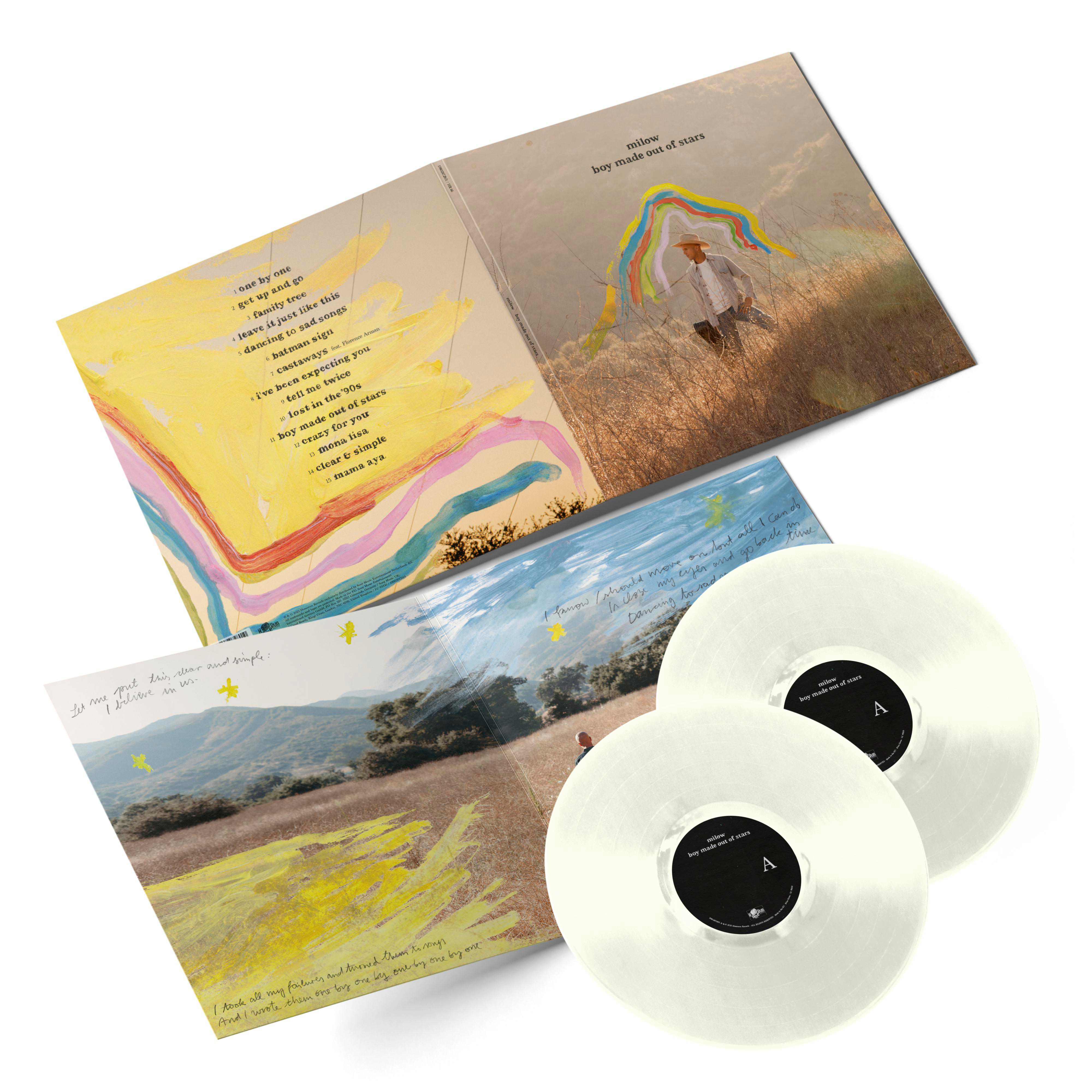 Ein Vinyl-Schallplattenset mit zwei Schallplatten und einem farbenfrohen Cover mit Texten.
