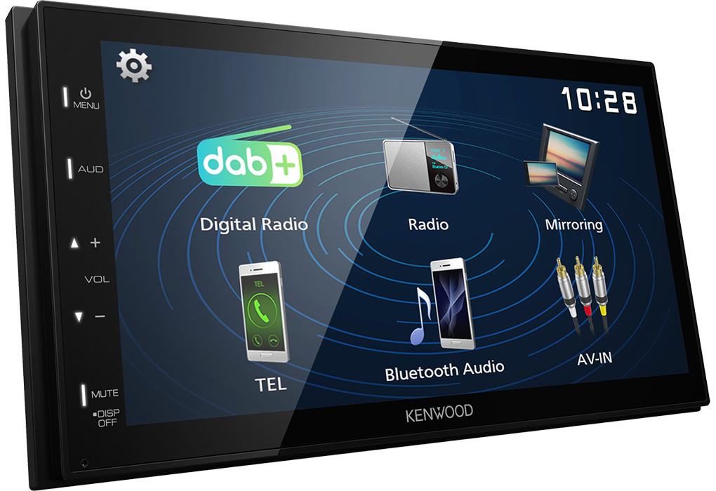 Kenwood Autoradio mit Digitalradio, Radio, Spiegelung und Bluetooth-Audio.