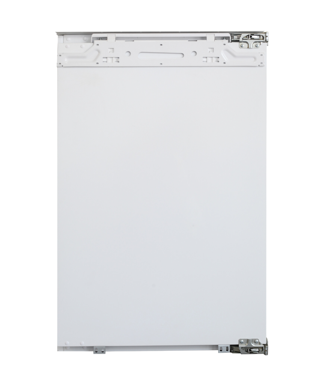 Weiße Einbau-Kühlschranktür. Minimalistisches Design, klare Linien und eine glatte, weiße Oberfläche.