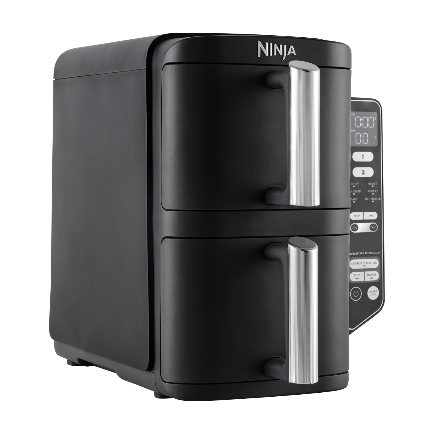 Friggitrice ad aria Ninja nera a due livelli. Ha un display e maniglie argentate.