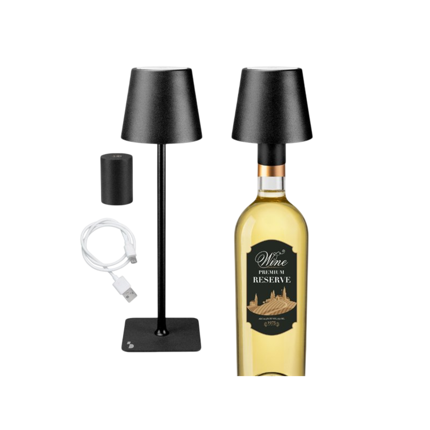 Twee zwarte lampen en een wijnfles met etiket. Witte kabel en zwarte oplader. Witte achtergrond.